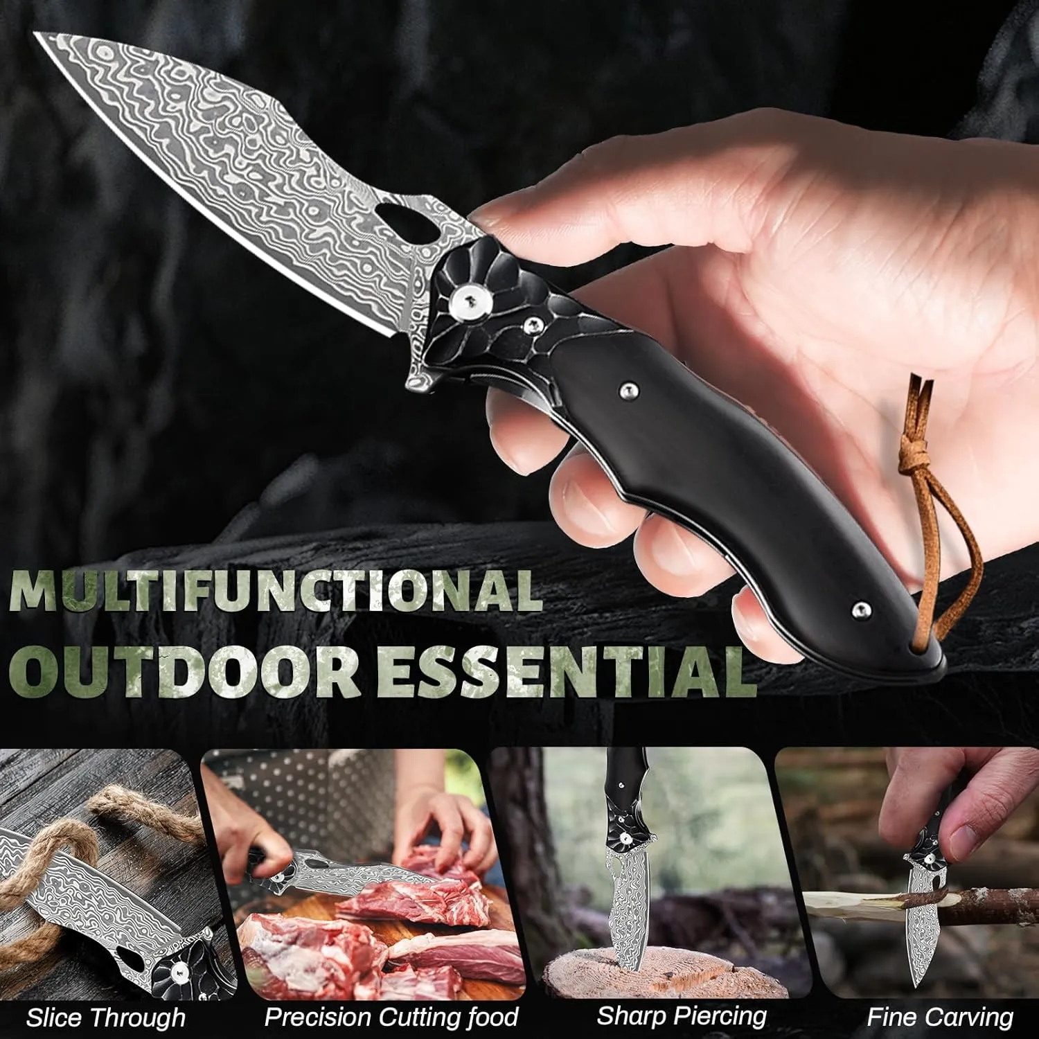 Pocket Knife for Men, Hunting knife with sheath, Damascus Steel Folding knife with Ebony Wood Handle, Survival EDC Knife for Fishing, Meat Cutting, Tactical Knife for Outdoor Camping Hiking