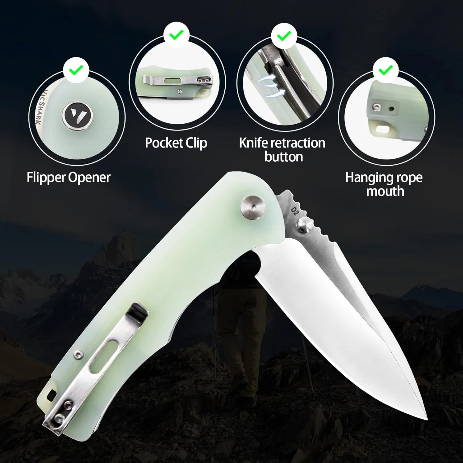 Pocket Knife Hunting knives knives for men Folding Knife D2 Steel Blade G10 Handle EDC Knife with Pocket Sharp Camping Survival Hiking Knives Green