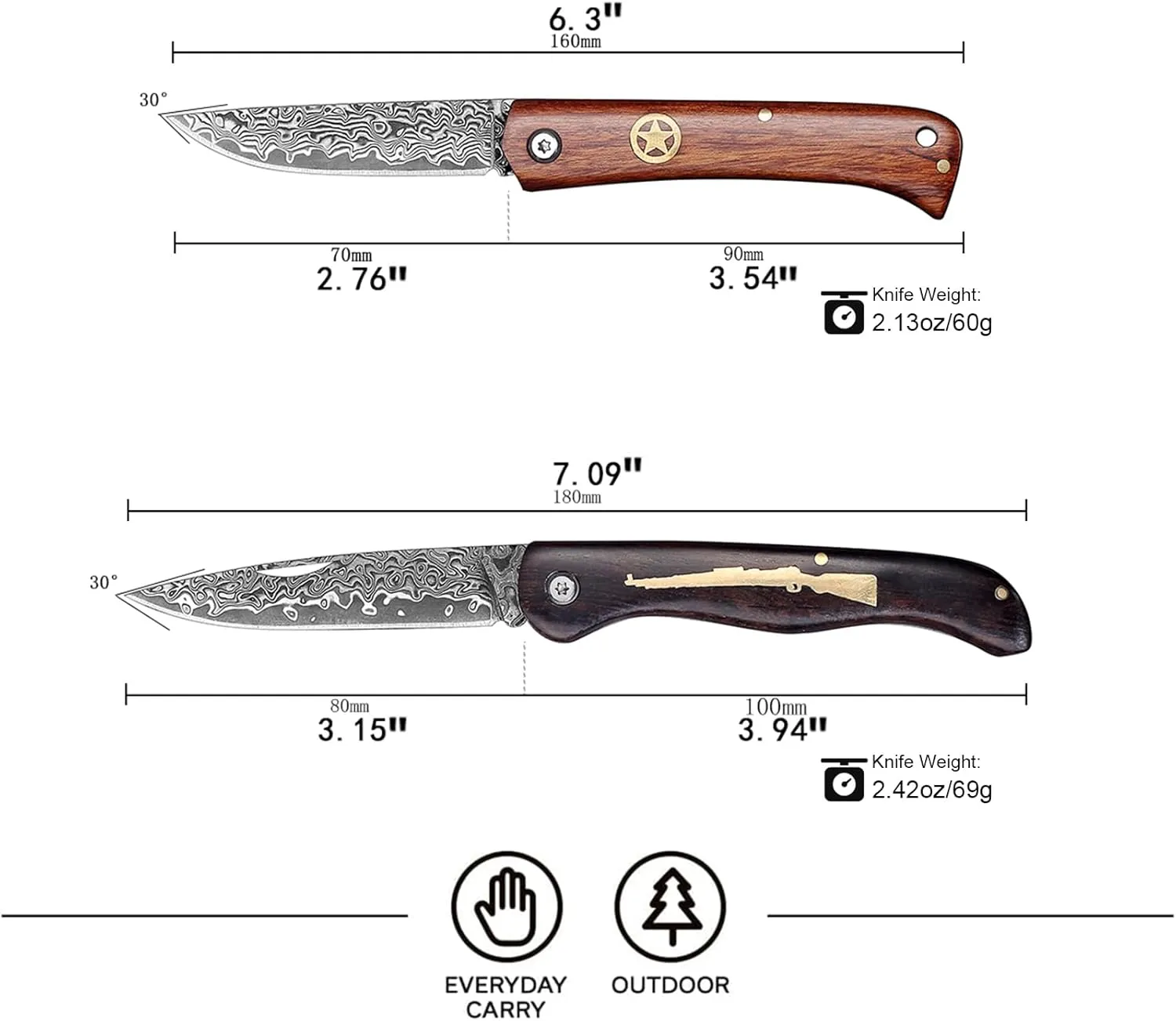 Pocket Knife,3.15" Damascus Blade Wood Handle, Lightweight Knife Gifts for Men women Outdoor Camping Hiking Hunting, Non-Locking Knife