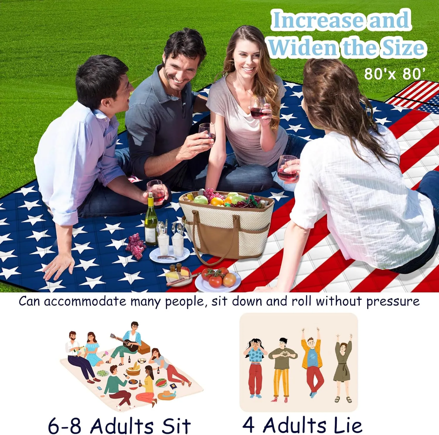 Poedist Extra Large Picnic Blanket Waterproof,80"x 80"Foldable Machine Washable Beach Blanket,Outdoor Blanket for 6-8 Adults,Suitable for Indoor Crawling,Park Beach,Camping,Hiking,Family Travel(Flag)