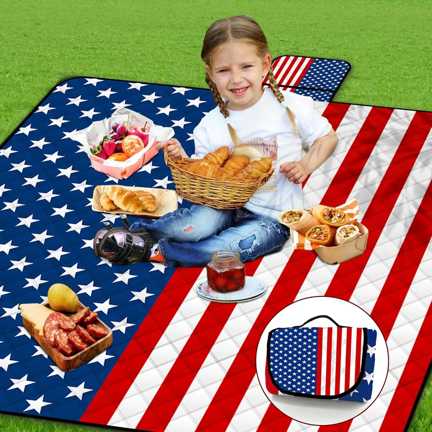 Poedist Extra Large Picnic Blanket Waterproof,80"x 80"Foldable Machine Washable Beach Blanket,Outdoor Blanket for 6-8 Adults,Suitable for Indoor Crawling,Park Beach,Camping,Hiking,Family Travel(Flag)