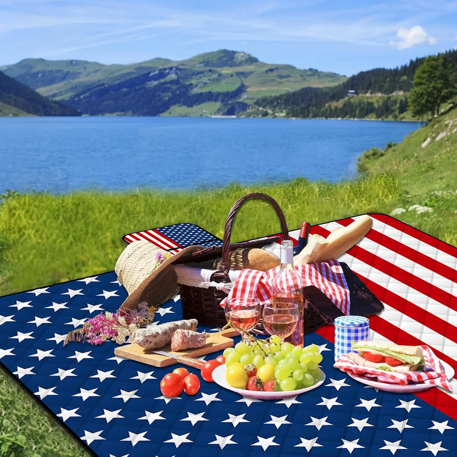 Poedist Extra Large Picnic Blanket Waterproof,80"x 80"Foldable Machine Washable Beach Blanket,Outdoor Blanket for 6-8 Adults,Suitable for Indoor Crawling,Park Beach,Camping,Hiking,Family Travel(Flag)