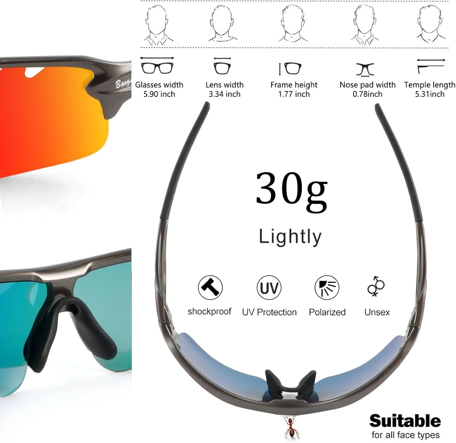 Polarized Sports Sunglasses Cycling Sun Glasses for Men Women with 5 Interchangeable Lenes for Running Baseball Golf Driving