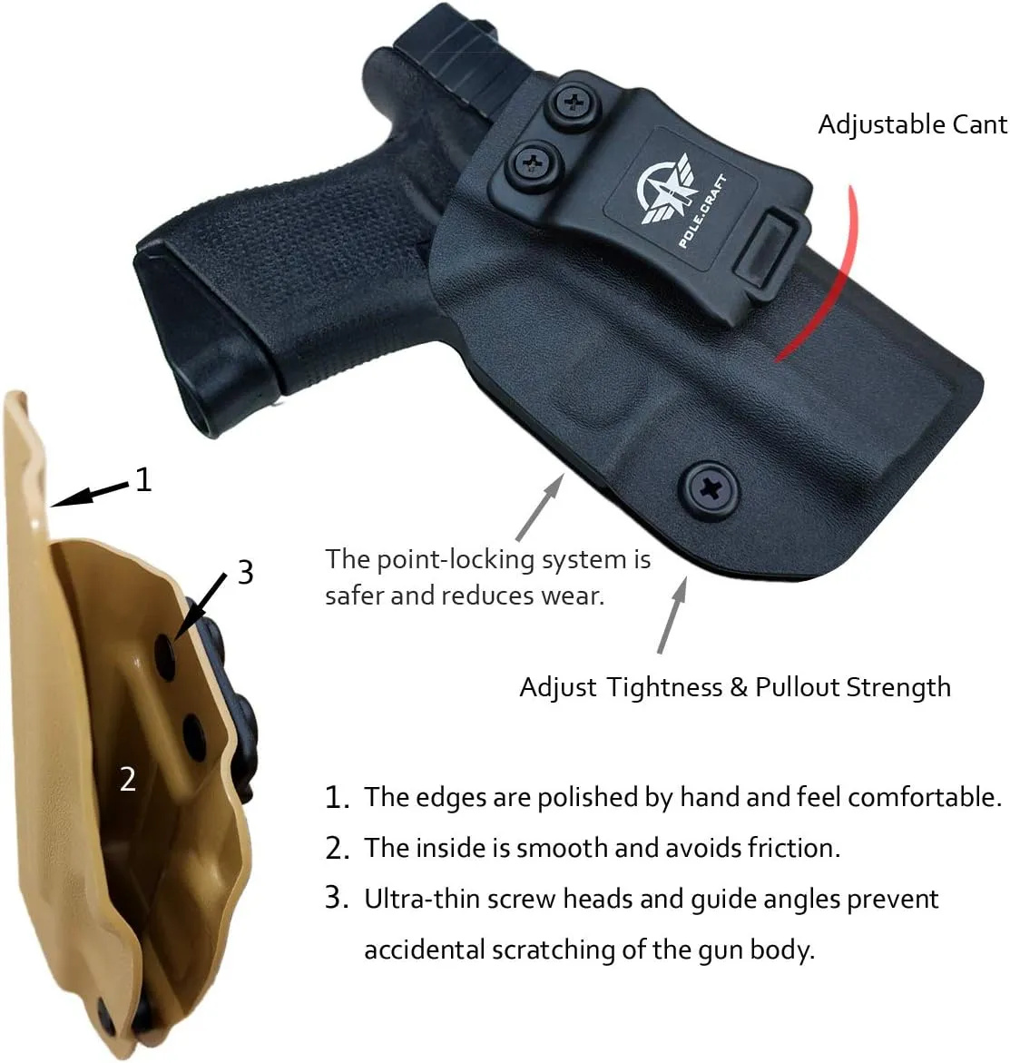 POLE.CRAFT IWB Kydex Holster Custom Fits: Glock 43 / Glock 43X - Inside Waistband Carry Holster - Adj. Cant Retention - Cover Mag-Button - No Wear - No Jitter