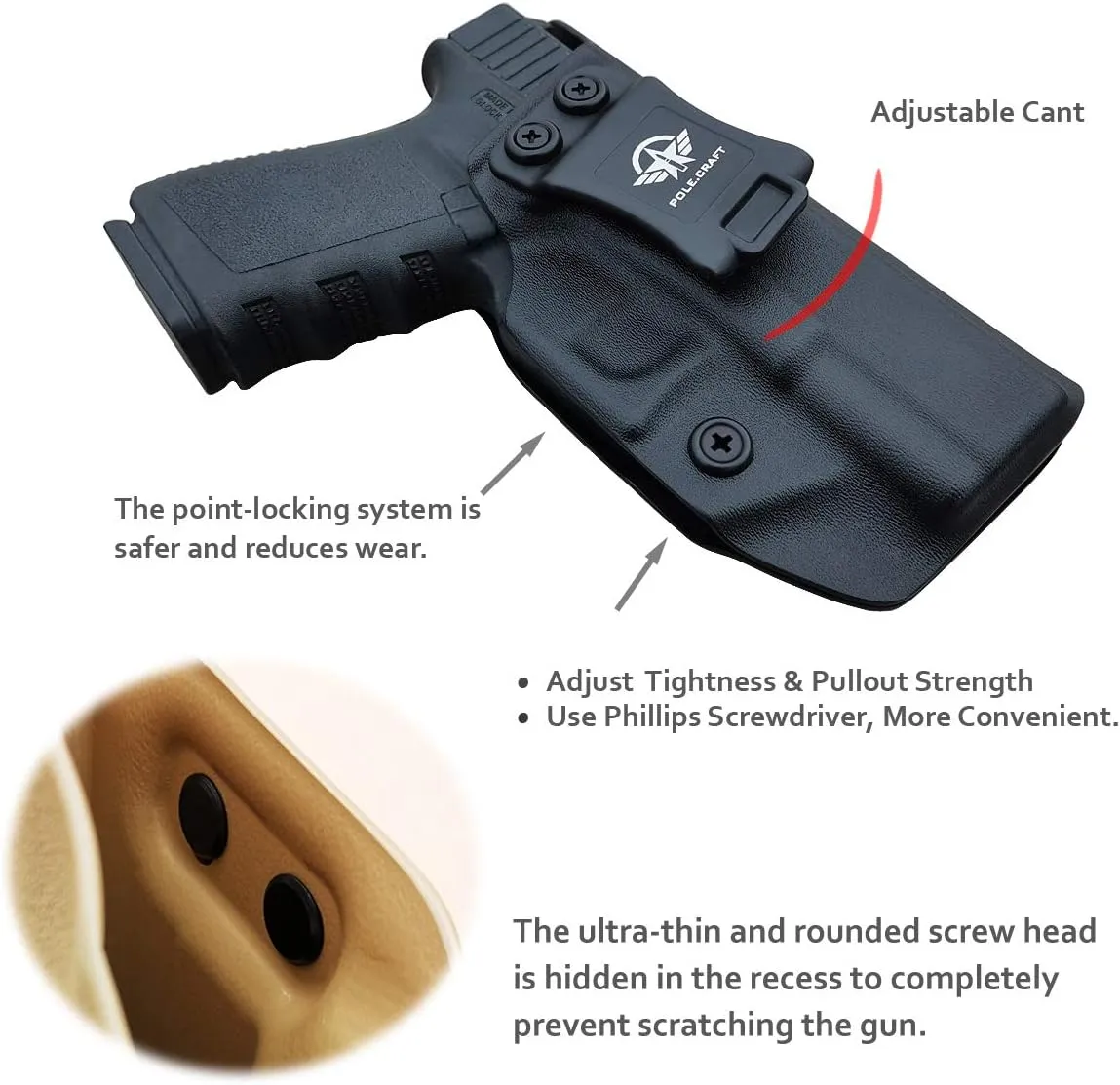 POLE.CRAFT IWB Kydex Holster Fits: Glock 19 19X 25 44 45 (Gen 1-5) & Glock 23 32 (Gen 3-4) Pistol - Inside Waistband Concealed Carry - Cover Mag-Button - Widened Entrance - No Wear, No Jitter