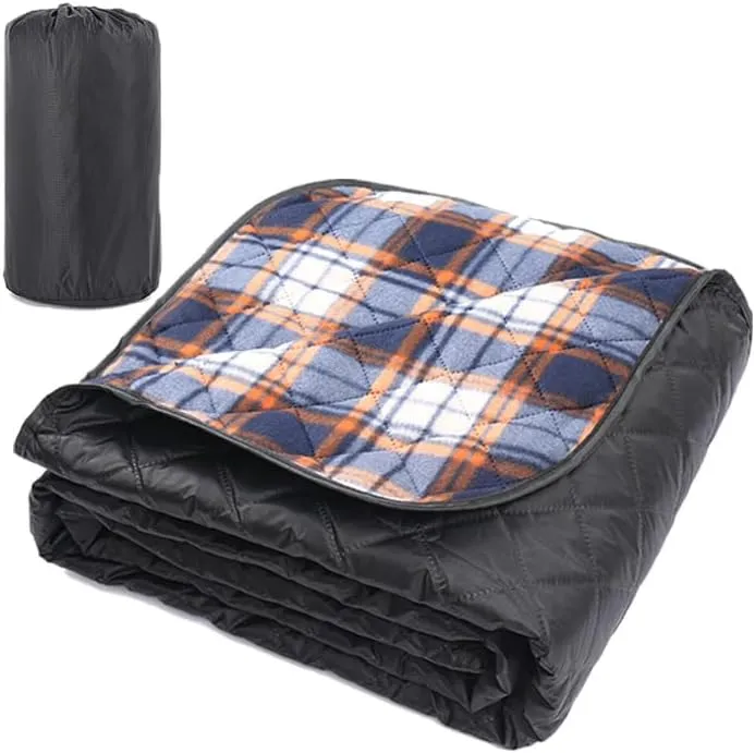 Popular Fleece Camping Blanket Outdoor Waterproof Lightweight Picnic Camping Double-Layer Moisture-Proof pad Compression Portable Indoor (Blue Plaid Fleece (Bundle Bag))