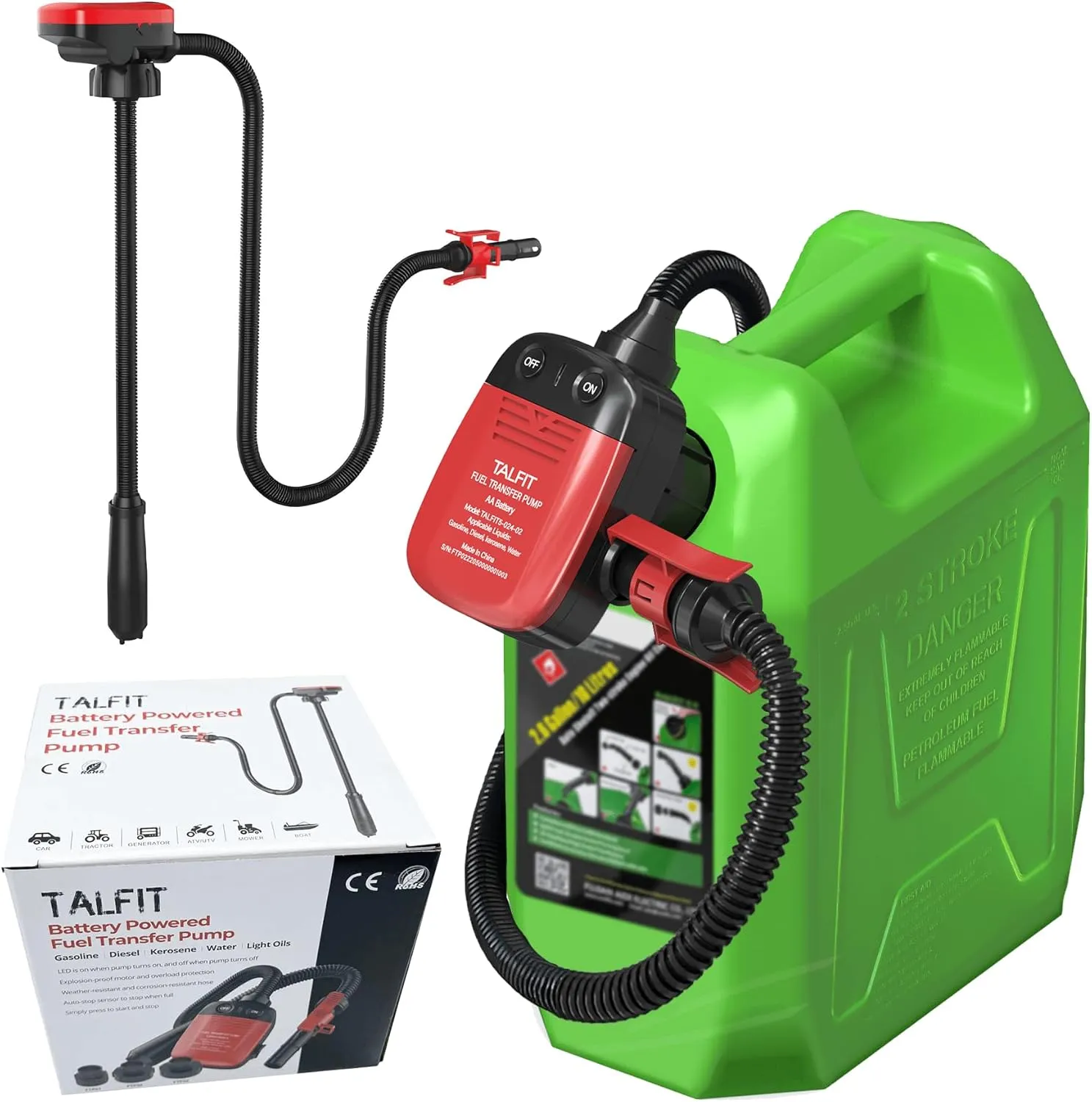 Portable Battery Powered Fuel Pump - 2.4GPM Gasoline Siphon Pump with Auto Shutoff, gas can pump 45" Hose   3 Adapters | Gas/Diesel/Kerosene/Water Transfer