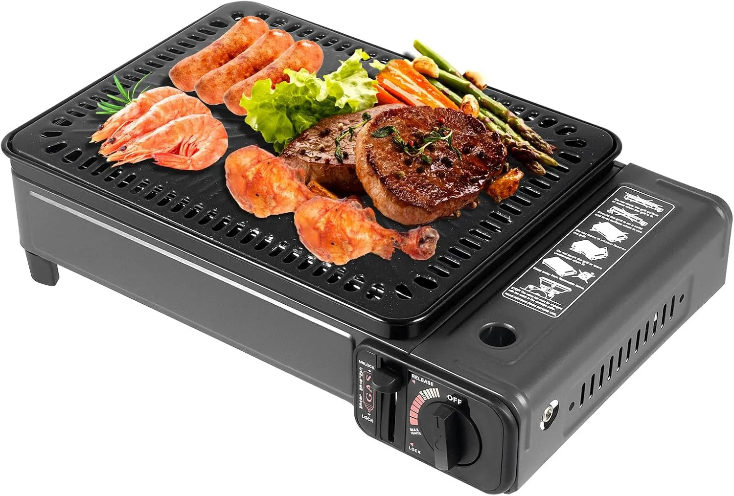 Portable Butane Gas Grill Set, Adjustable Firepower Gas Grill Stove High Safety Tabletop Stove with Baking Sheet, Brush and Grilling Net, Butane & LPG Outdoor Cooker, BBQ Camping Butane Stove