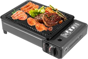 Portable Butane Gas Grill Set, Adjustable Firepower Gas Grill Stove High Safety Tabletop Stove with Baking Sheet, Brush and Grilling Net, Butane & LPG Outdoor Cooker, BBQ Camping Butane Stove