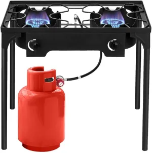 Portable Camping Stove 2 Burner Outdoor Propane Gas Stove 150,000-BTU Propane Gas Cooker w/Detachable Legs & CSA Regulator & 0-20 PSI Regulator for Backyard Cooking BBQ Baking Frying