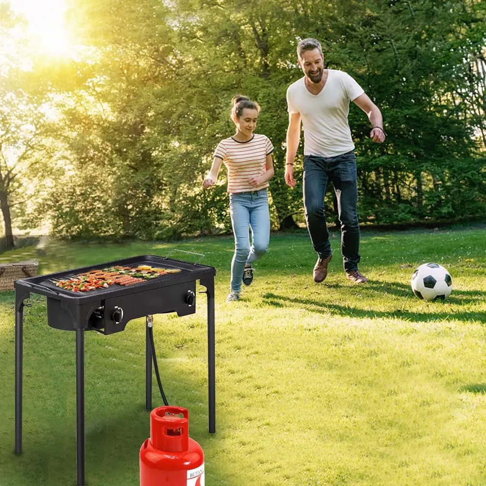 Portable Camping Stove 2 Burner Outdoor Propane Gas Stove 150,000-BTU Propane Gas Cooker w/Detachable Legs & CSA Regulator & 0-20 PSI Regulator for Backyard Cooking BBQ Baking Frying