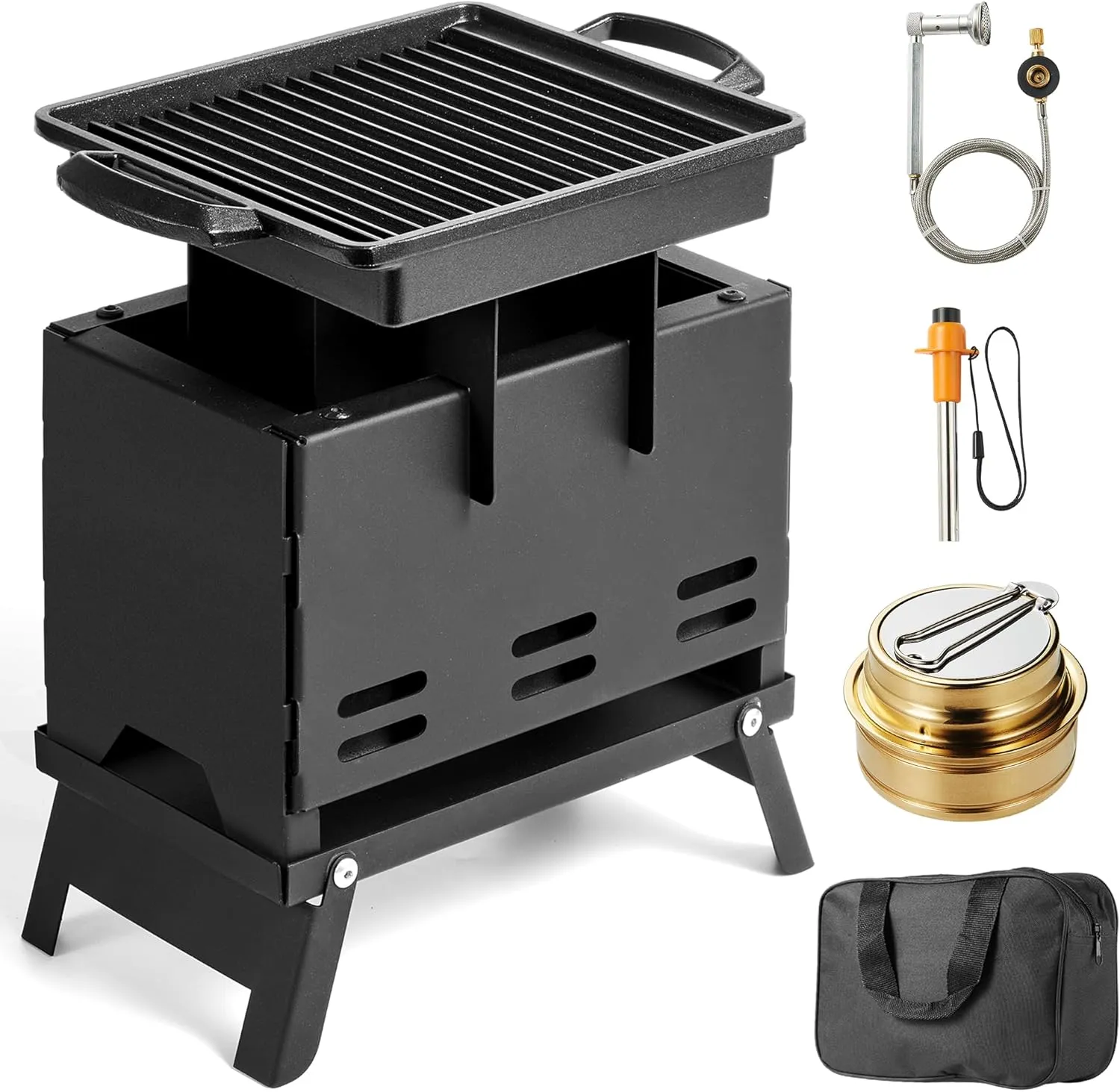Portable Charcoal Barbeque Grill, Foldable Small Grill, 360°Airflow Stainless Steel BBQ Grill with Carry Bag for Outdoor Grilling Cooking Camping Hiking Picnics Tailgating Backpacking Party - Black