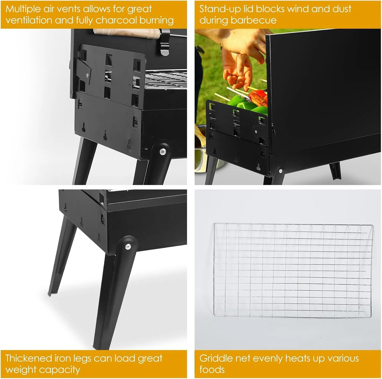 Portable Charcoal Grill, Small BBQ Grill Outdoor Folding Barbecue Grill with Barbecue Accessories & Lid, Foldable Camping Grill for Outdoor Cooking Camp Picnic Hiking Beach Patio Smokers