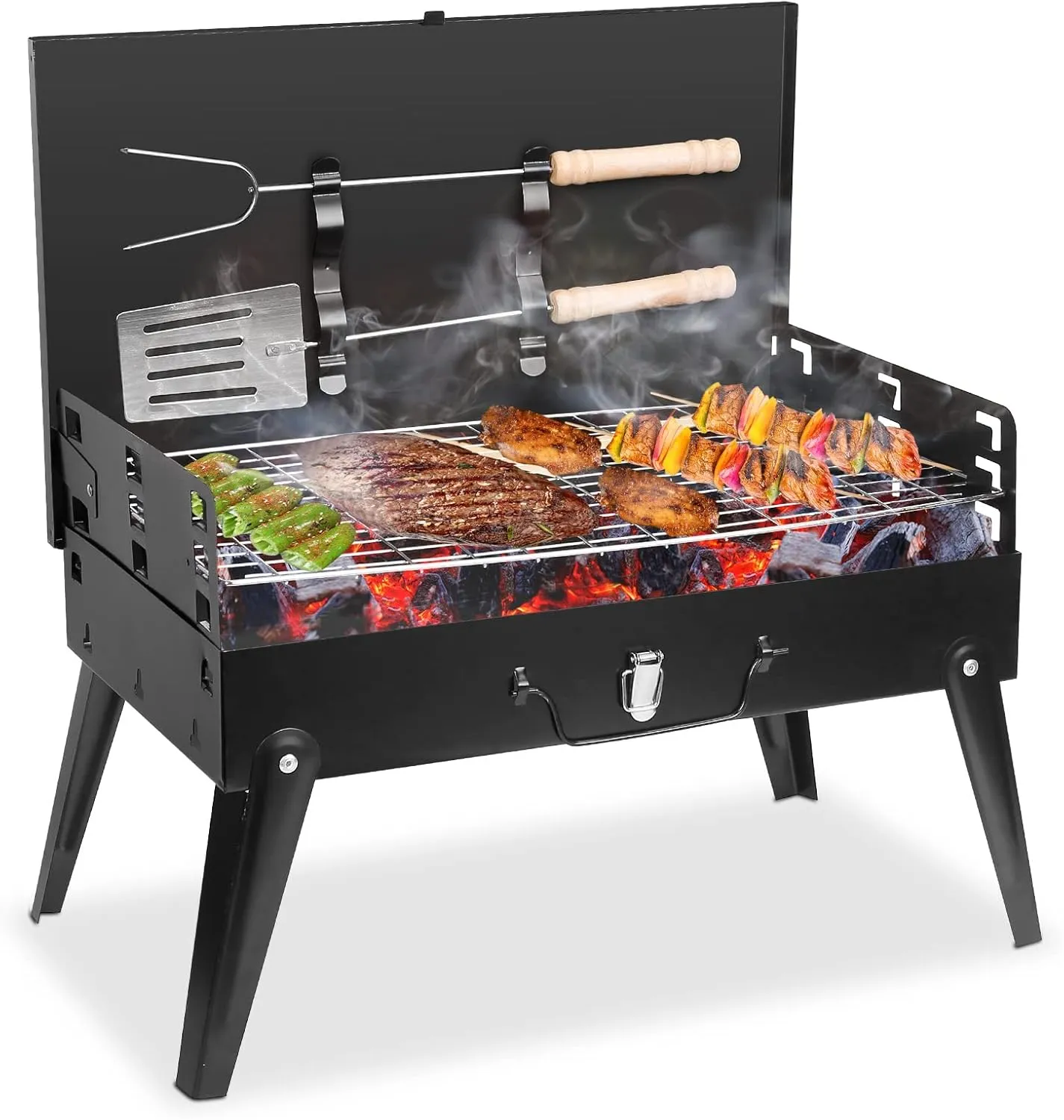 Portable Charcoal Grill, Small BBQ Grill Outdoor Folding Barbecue Grill with Barbecue Accessories & Lid, Foldable Camping Grill for Outdoor Cooking Camp Picnic Hiking Beach Patio Smokers