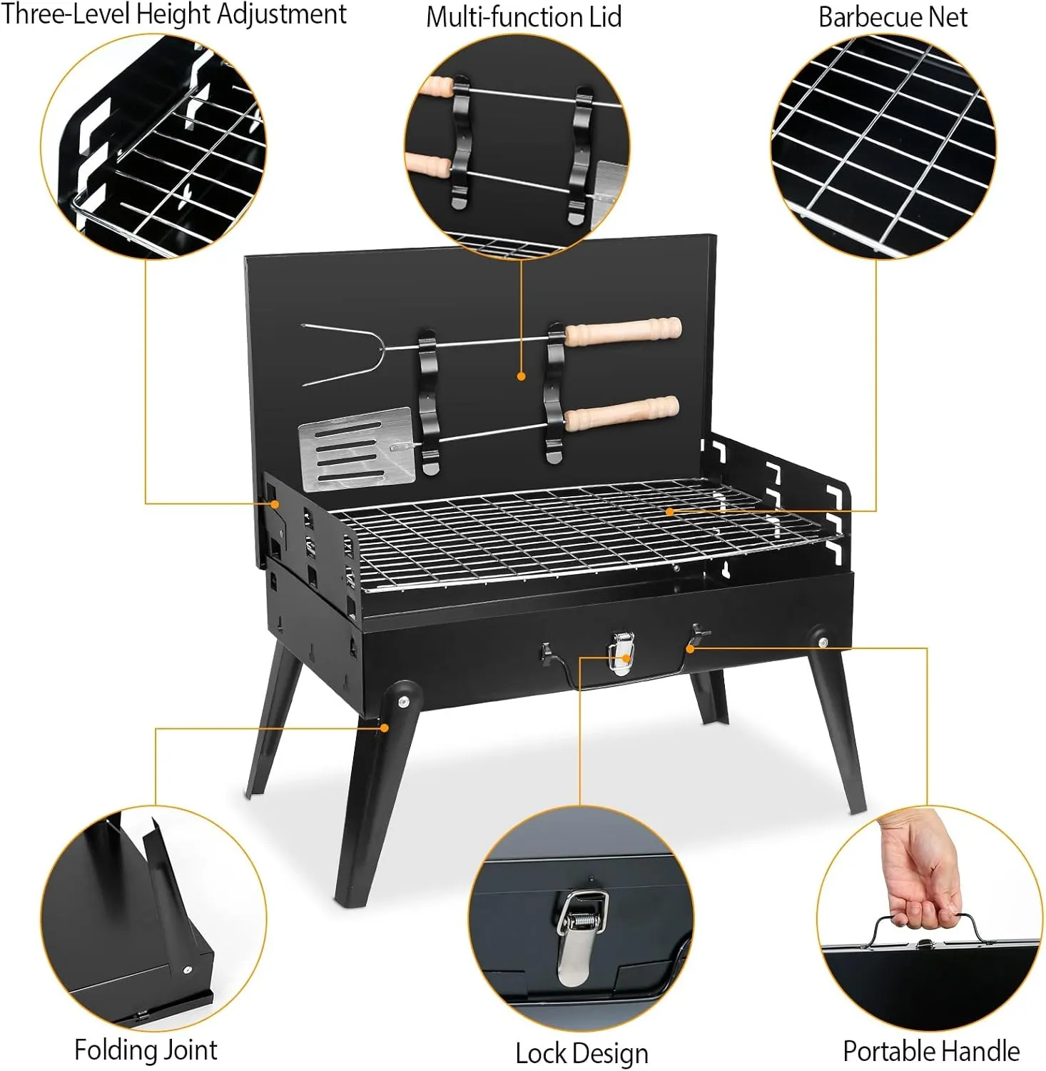 Portable Charcoal Grill, Small BBQ Grill Outdoor Folding Barbecue Grill with Barbecue Accessories & Lid, Foldable Camping Grill for Outdoor Cooking Camp Picnic Hiking Beach Patio Smokers