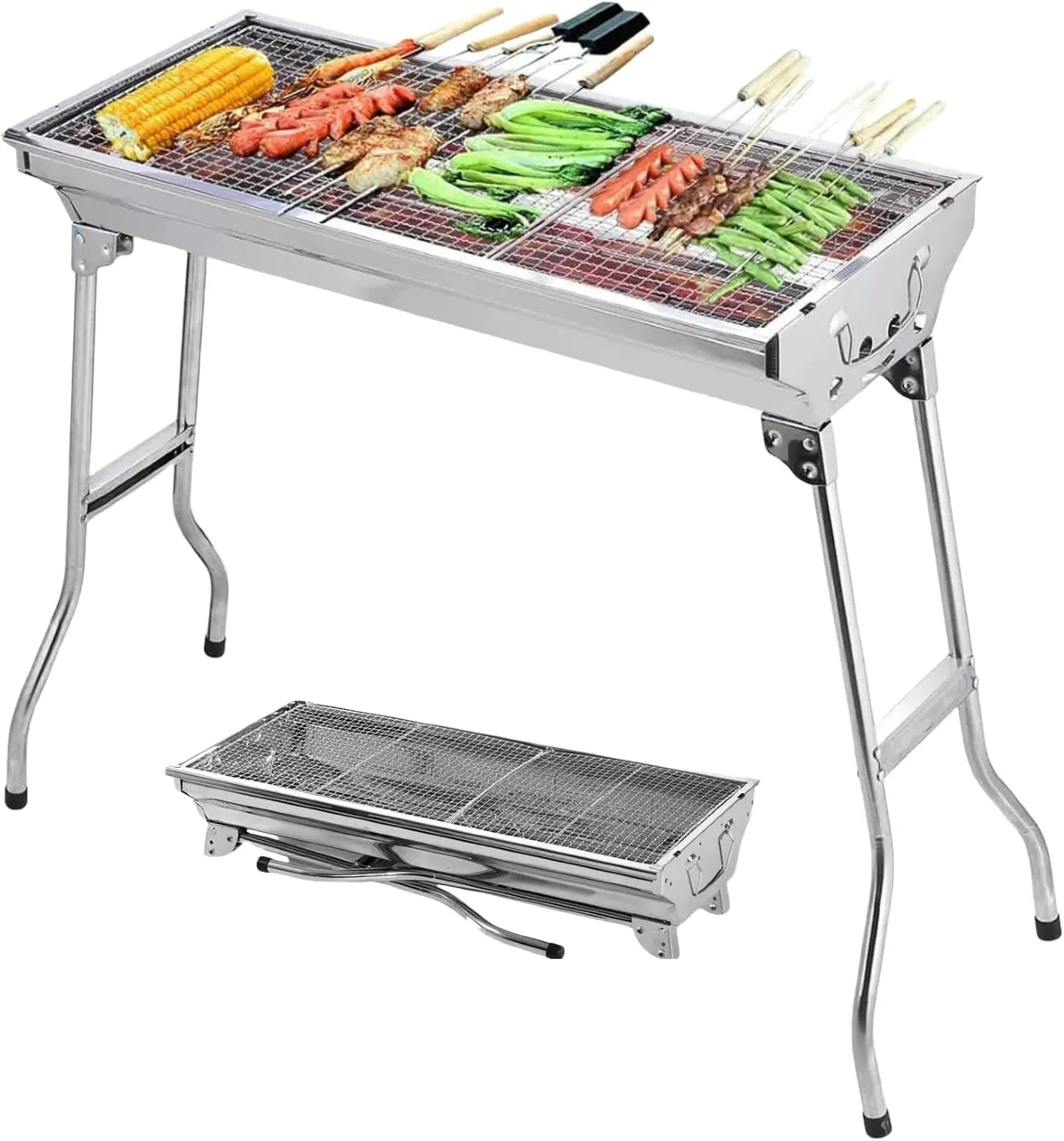 Portable Charcoal Grill,Stainless Steel Folding BBQ Grill for Camping, Tailgating & Travel - Compact Outdoor Cooking with Pan, Grill Rack, Shelves, Hooks