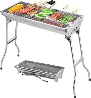 Portable Charcoal Grill,Stainless Steel Folding BBQ Grill for Camping, Tailgating & Travel - Compact Outdoor Cooking with Pan, Grill Rack, Shelves, Hooks