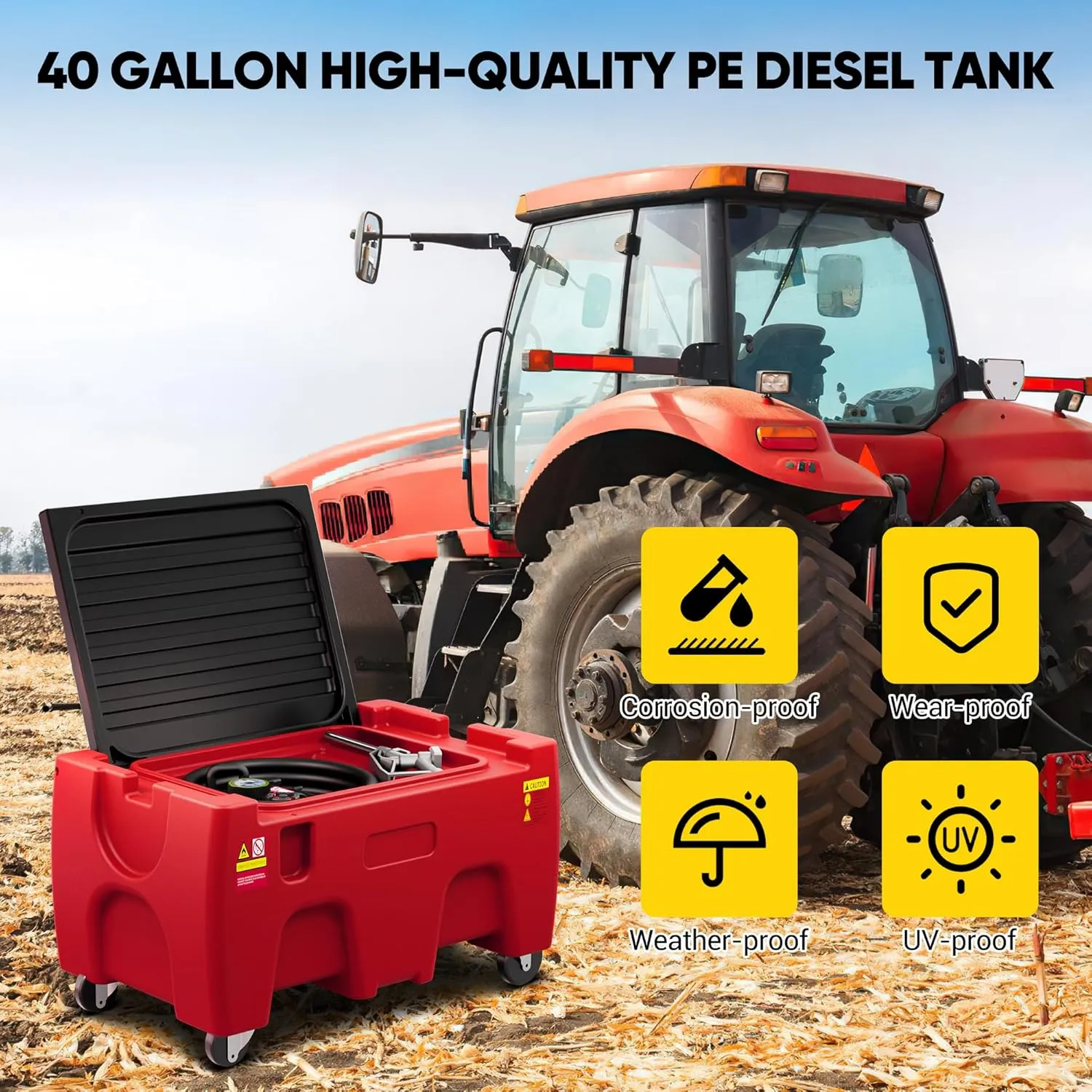 Portable Diesel Tank, 40 Gallon Capacity & 3.7 GPM Flow Rate, Portable Fuel Tank with 12V Electric Transfer Pump and 13.1ft Rubber Hose, PE Diesel Transfer Tank for Easy Fuel Transportation Red