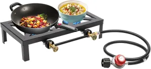 Portable Double Burner Outdoor Gas Stove – 8000W High-Power Propane Cooker with Adjustable 0-10PSI Regulator, Cast Iron Design – Camping, BBQ, Turkey Frying for Family & Outdoor Enthusiasts