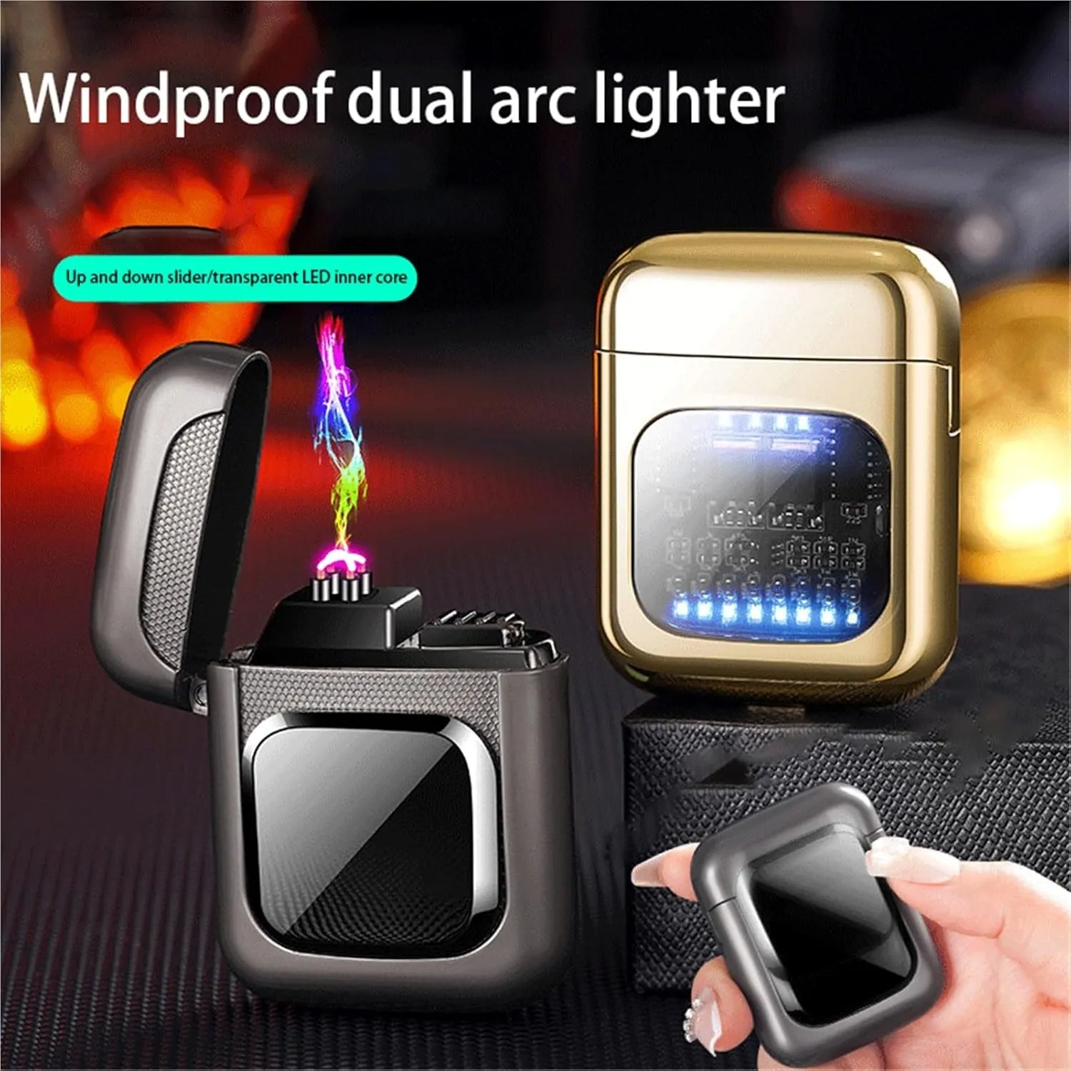Portable Dual Arc Windproof Lighter - Multi-Function Electric Flameless Lighter - USB Fast Charging - Perfect for Candle Camping Gifts(Gold)