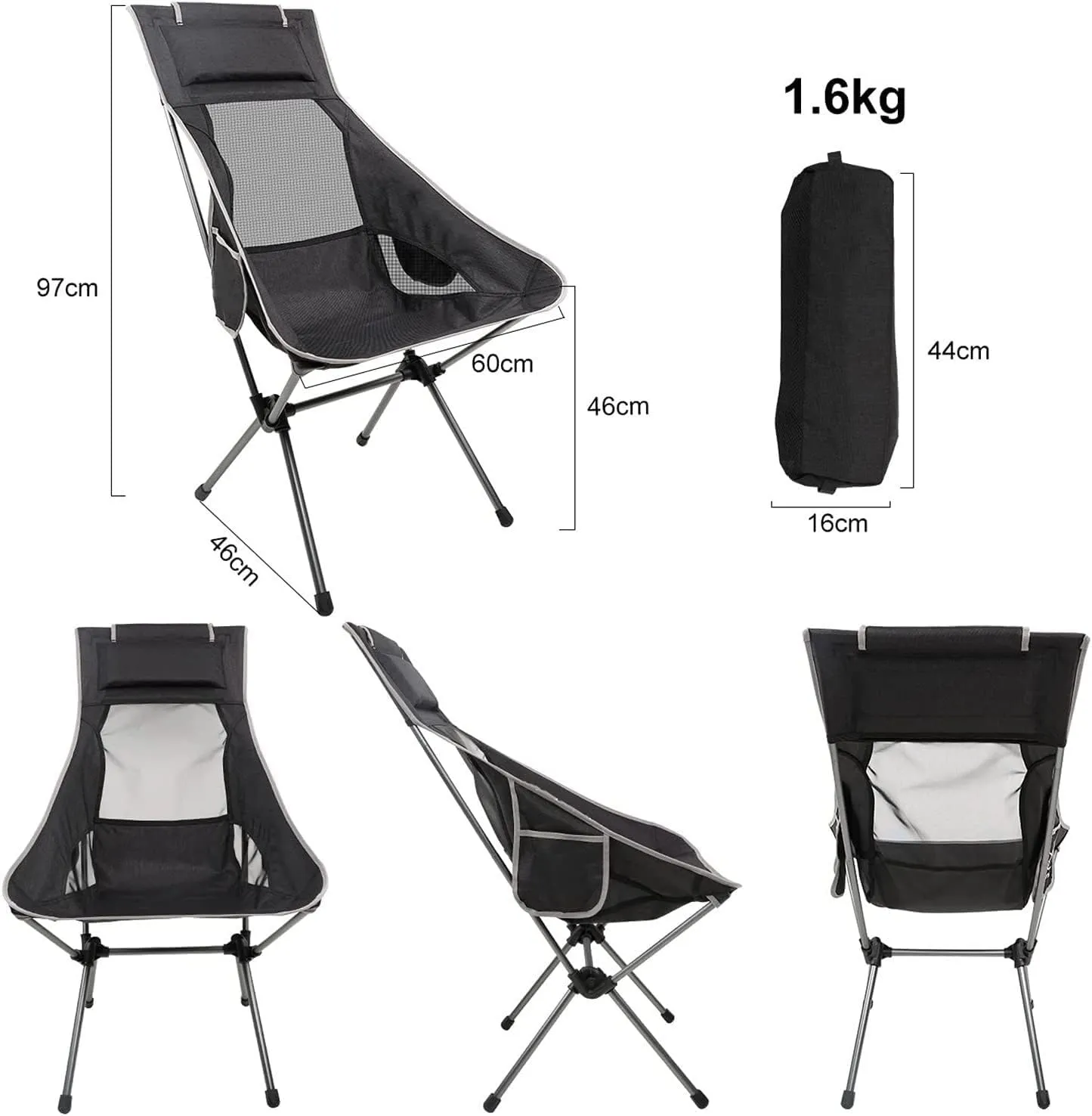 Portable Folding Chair Outdoor High Back Camping Chair Portable Folding Seat with Mesh Backrest Camping Fishing Stool with Quilted Pillow Adjustable Folding Chair(Black)