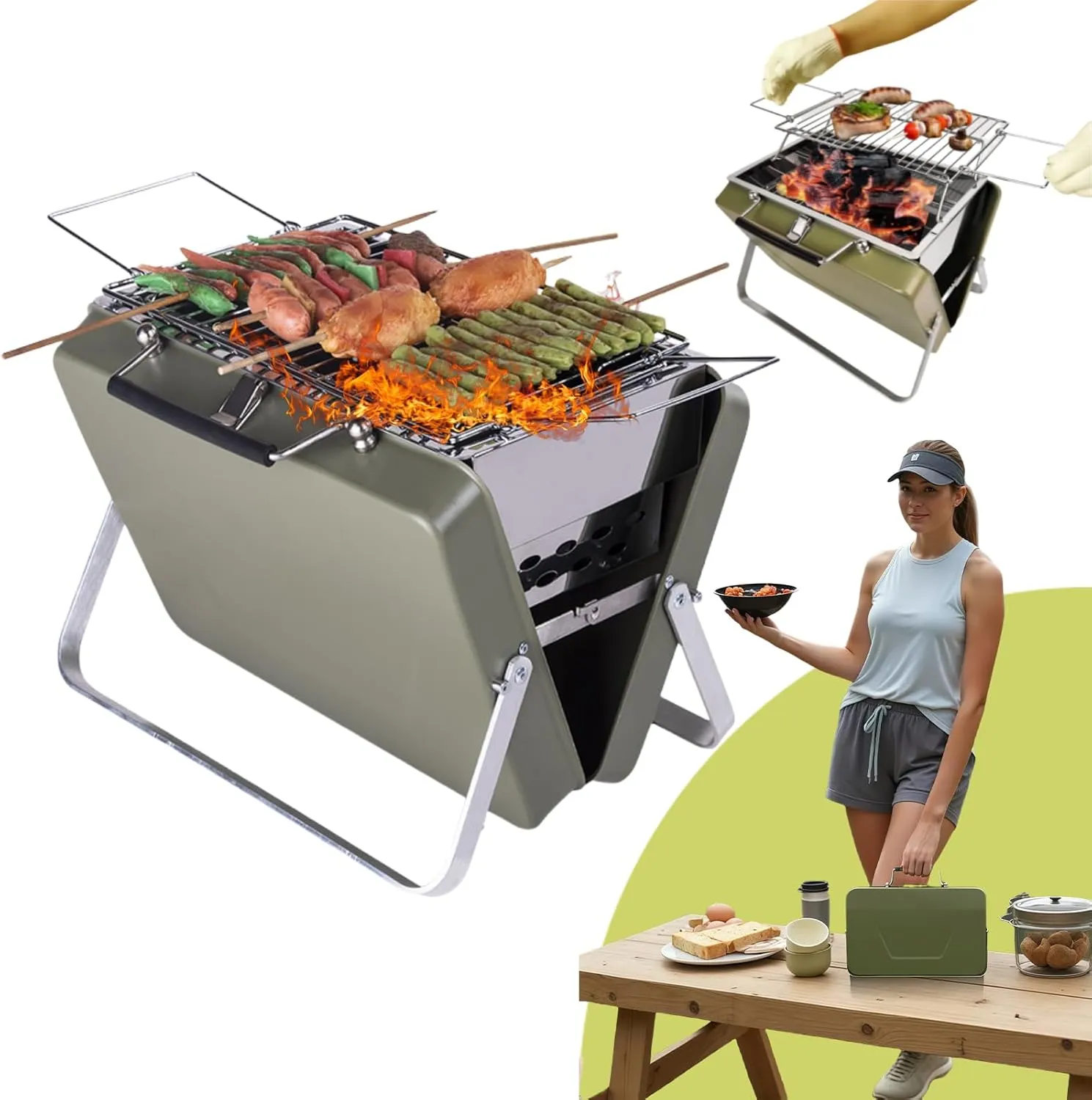 Portable Folding Charcoal Grill with Adjustable Rack, Stainless Steel Mini BBQ, Lightweight for Camping, Hiking, Outdoor Cooking, Tabletop Picnics