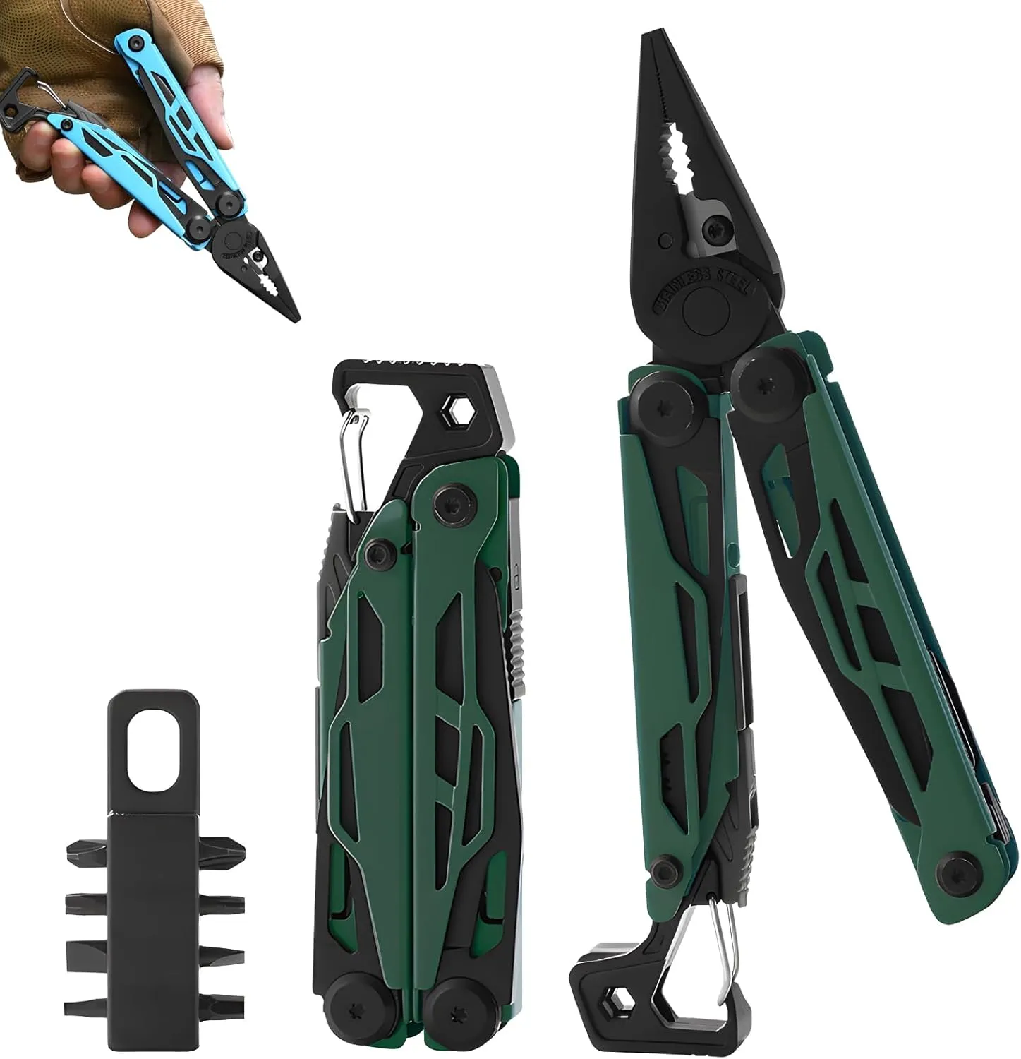 Portable Folding Multifunctional Stainless Steel Pliers, Can Opener, Box Opener, Bottle Opener, File, Wire Stripper, Flat Head Screwdriver for Outdoors, Survival, Camping, Fishing (Green)