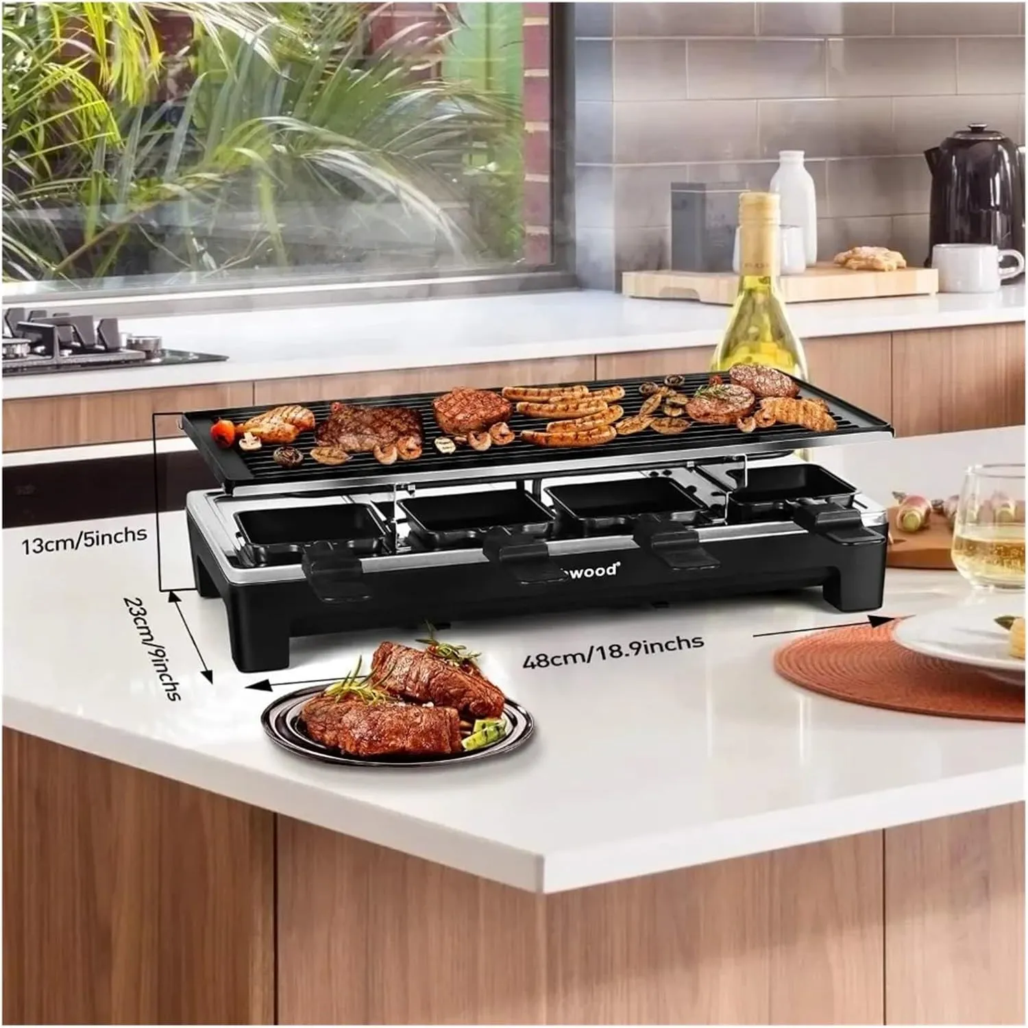 Portable Grill Electric Indoor Grill Korean BBQ Grill 1500W Fast Heating with 8 Cheese Melt Pans Kitchen Accessories Camping Cookware Tools Bar(Wood Grain)