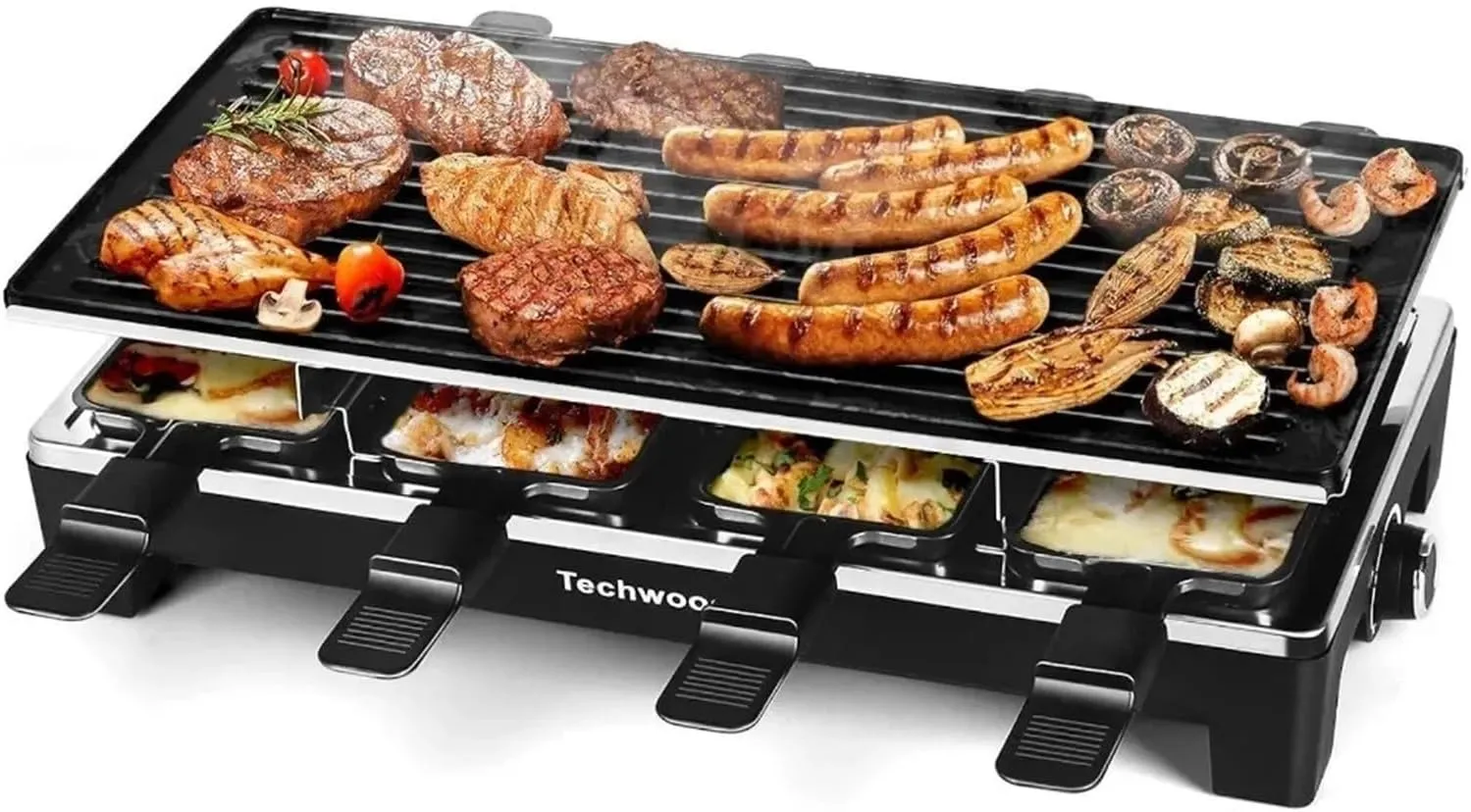 Portable Grill Electric Indoor Grill Korean BBQ Grill 1500W Fast Heating with 8 Cheese Melt Pans Kitchen Accessories Camping Cookware Tools Bar(Wood Grain)