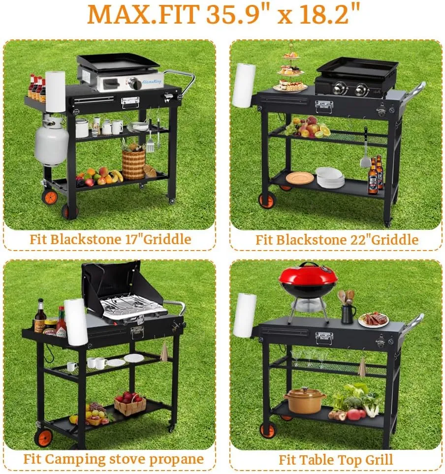 Portable Grill Table, 34" x 18.2" Outdoor Indoor Foldable Grill Cart, Movable Grill Stand with Wheels for BBQ, Camping, Picnic, Easy Set-up, Black