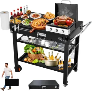 Portable Grill Table, 34" x 18.2" Outdoor Indoor Foldable Grill Cart, Movable Grill Stand with Wheels for BBQ, Camping, Picnic, Easy Set-up, Black