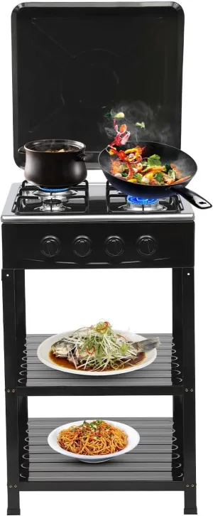 Portable Outdoor Stove 4 Burner Gas Stove Professional Camping Stove RV Cooking Stove with 2 Shelves& Leg Stand Outdoor BBQ Grill Cooker Camping Stove for Home Use 300, 000 BTU (Black)