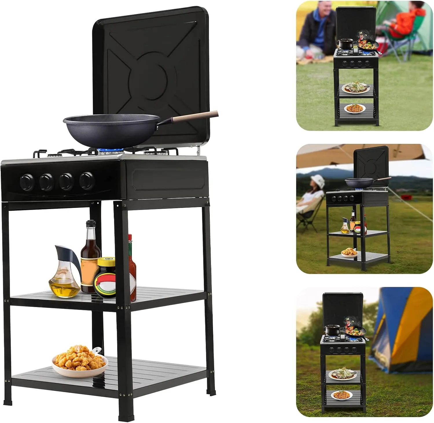 Portable Outdoor Stove 4 Burner Gas Stove Professional Camping Stove RV Cooking Stove with 2 Shelves& Leg Stand Outdoor BBQ Grill Cooker Camping Stove for Home Use 300, 000 BTU (Black)