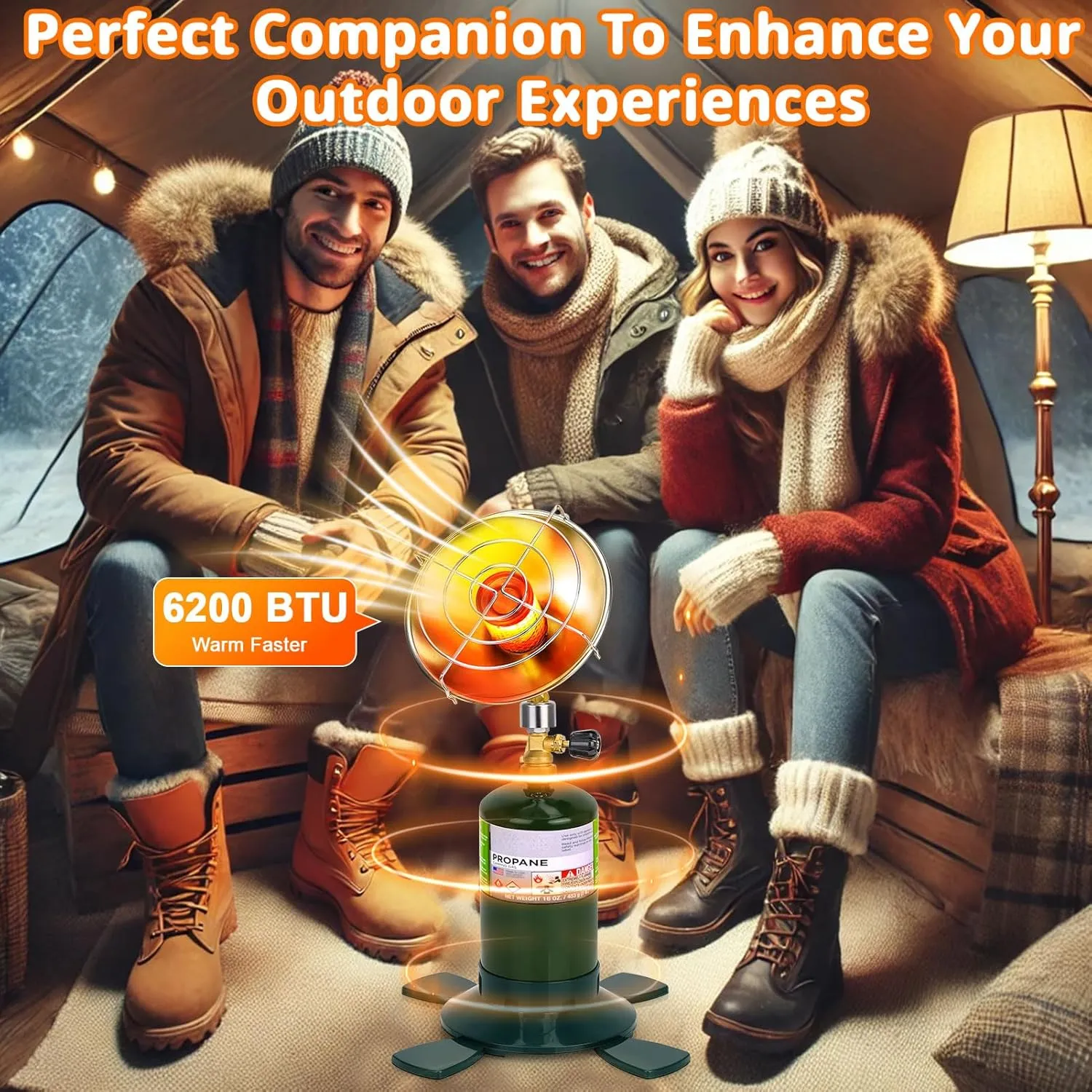 Portable Propane Heater for Camping Outdoor Space Garage Patio Heater 6200BTU Power with Control Valve Cordless 1lb Small Propane Foldable Gas Tank Holder for Fishing Hunting Tent Garage Backyard Use