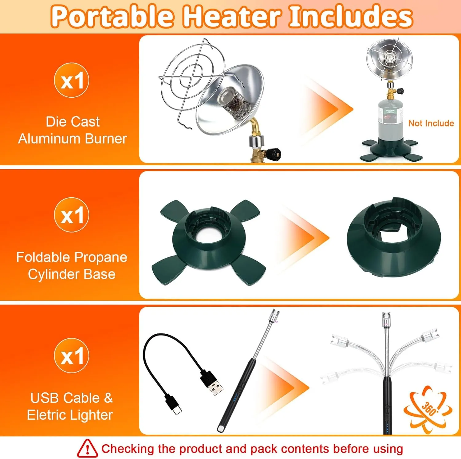 Portable Propane Heater for Camping Outdoor Space Garage Patio Heater 6200BTU Power with Control Valve Cordless 1lb Small Propane Foldable Gas Tank Holder for Fishing Hunting Tent Garage Backyard Use