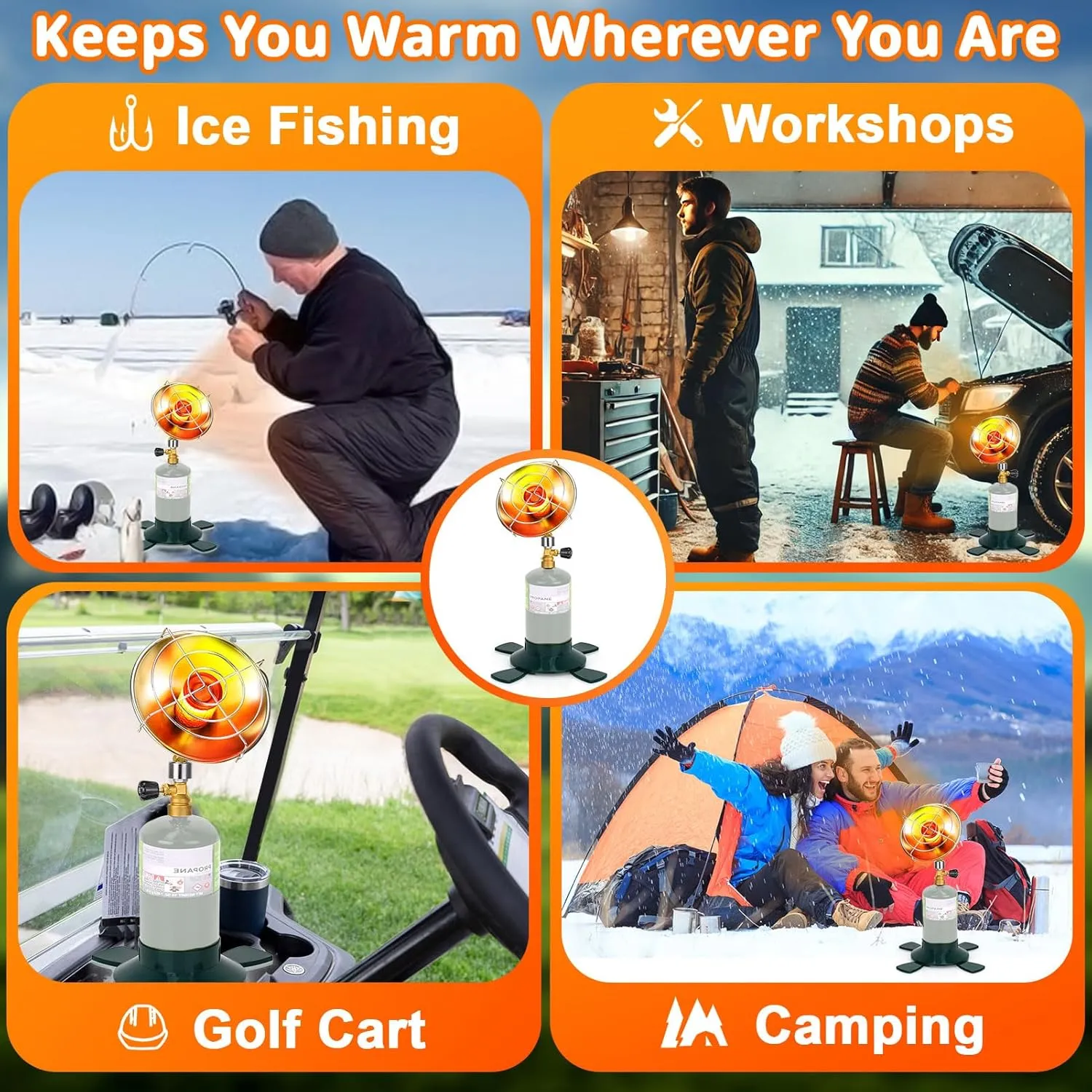 Portable Propane Heater for Camping Outdoor Space Garage Patio Heater 6200BTU Power with Control Valve Cordless 1lb Small Propane Foldable Gas Tank Holder for Fishing Hunting Tent Garage Backyard Use