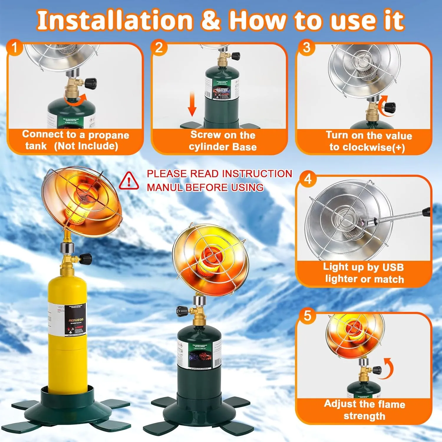 Portable Propane Heater for Camping Outdoor Space Garage Patio Heater 6200BTU Power with Control Valve Cordless 1lb Small Propane Foldable Gas Tank Holder for Fishing Hunting Tent Garage Backyard Use