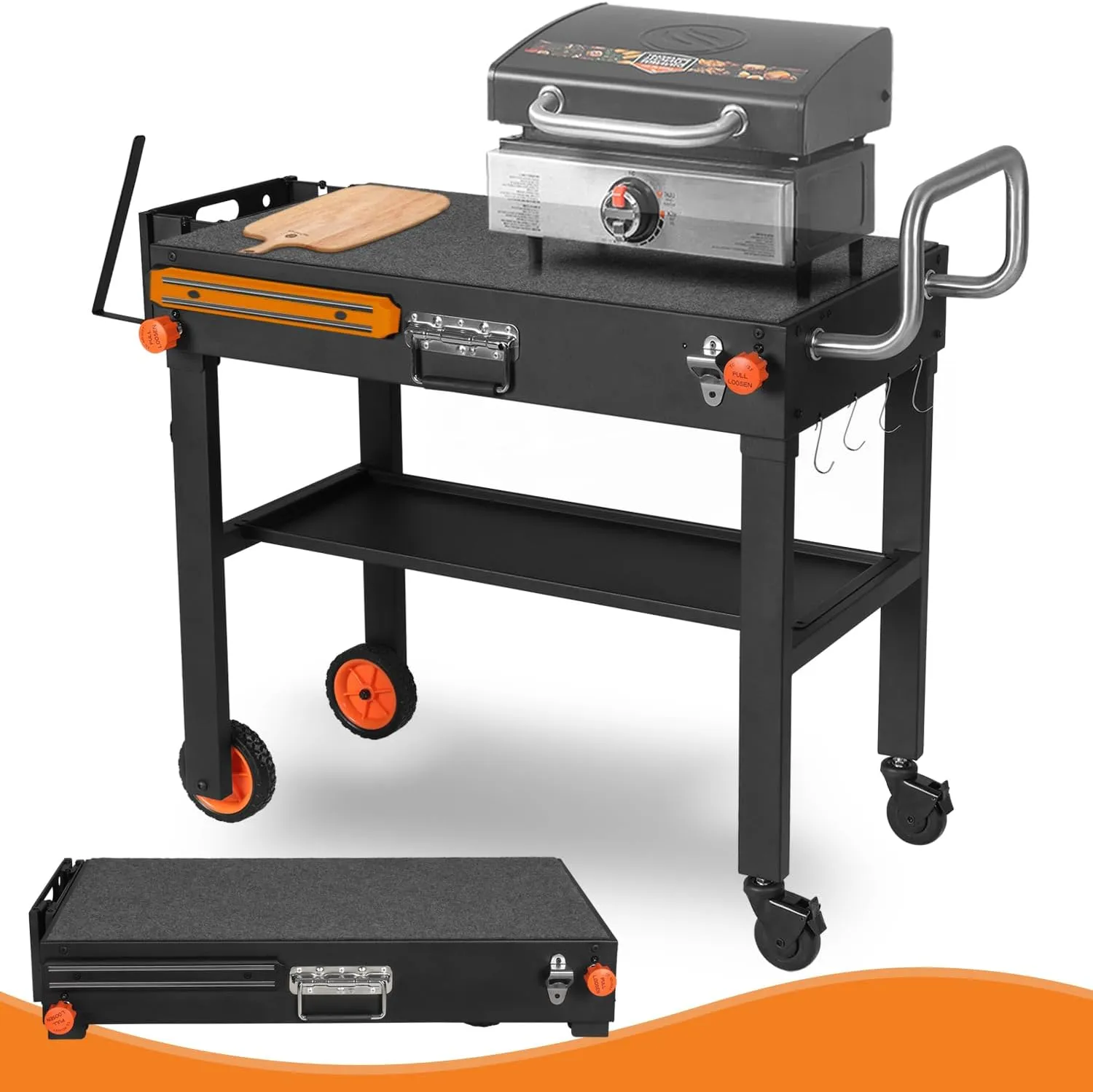 Portable Universal Grill Table Stand, Dining Cart, Sturdy Camping Folding Table, Blackstone Stand with Caddy: Outdoor Table for Ninja Grill, Pizza Oven, Black