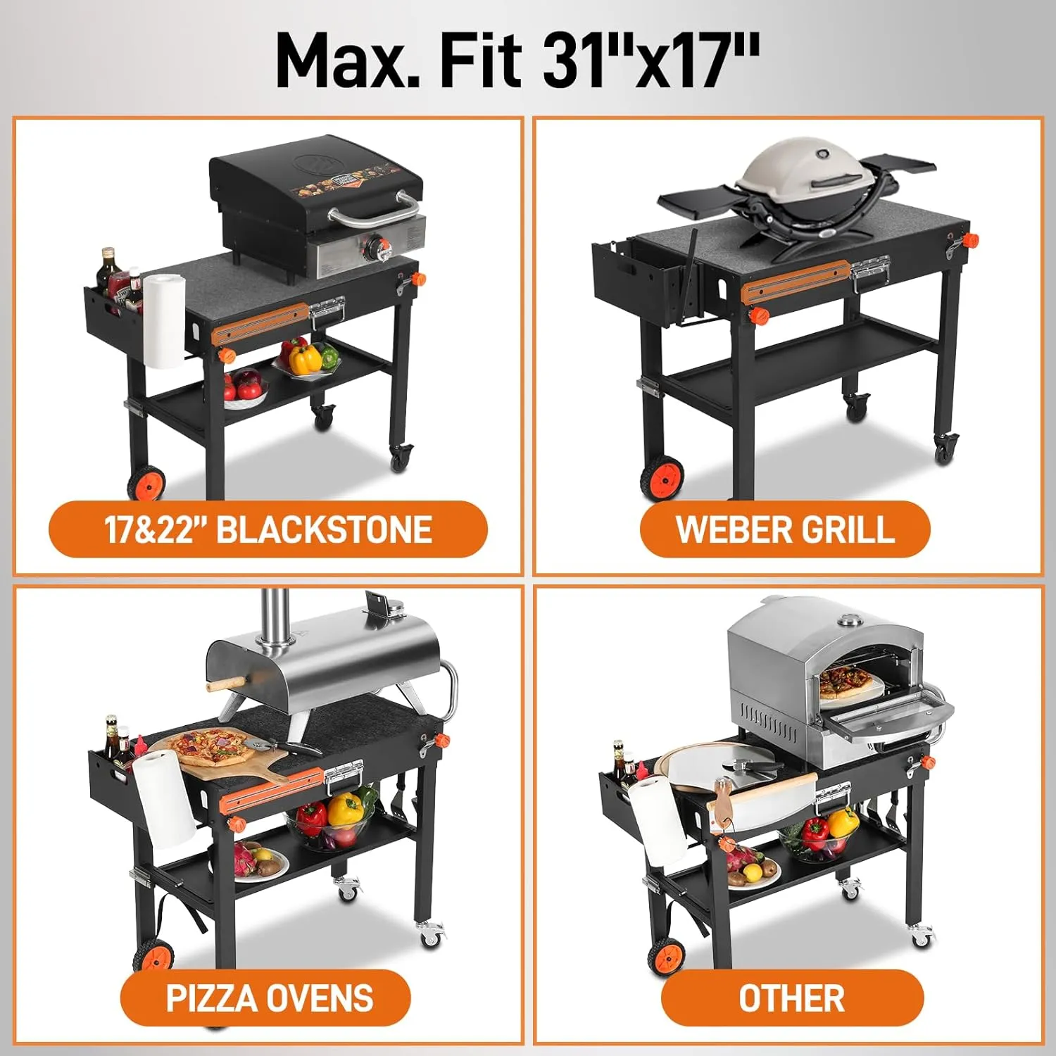 Portable Universal Grill Table Stand, Dining Cart, Sturdy Camping Folding Table, Blackstone Stand with Caddy: Outdoor Table for Ninja Grill, Pizza Oven, Black