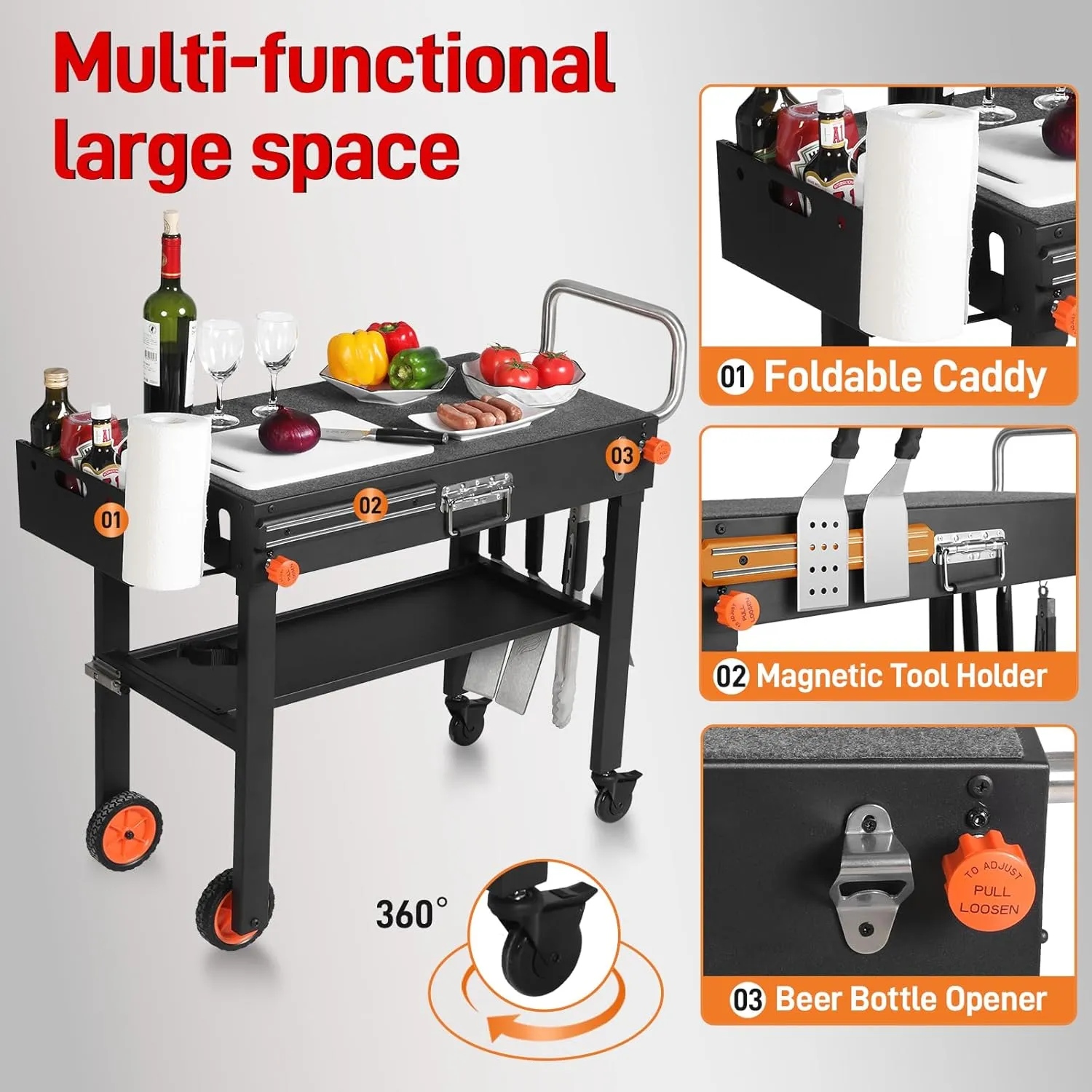 Portable Universal Grill Table Stand, Dining Cart, Sturdy Camping Folding Table, Blackstone Stand with Caddy: Outdoor Table for Ninja Grill, Pizza Oven, Black