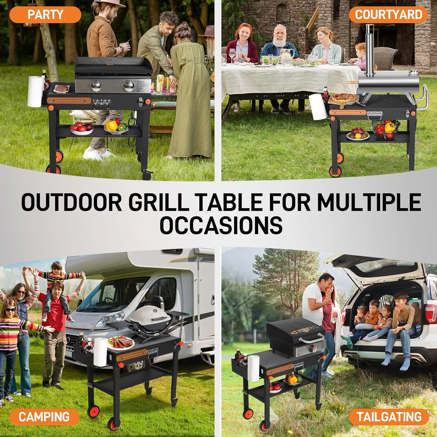 Portable Universal Grill Table Stand, Dining Cart, Sturdy Camping Folding Table, Blackstone Stand with Caddy: Outdoor Table for Ninja Grill, Pizza Oven, Black