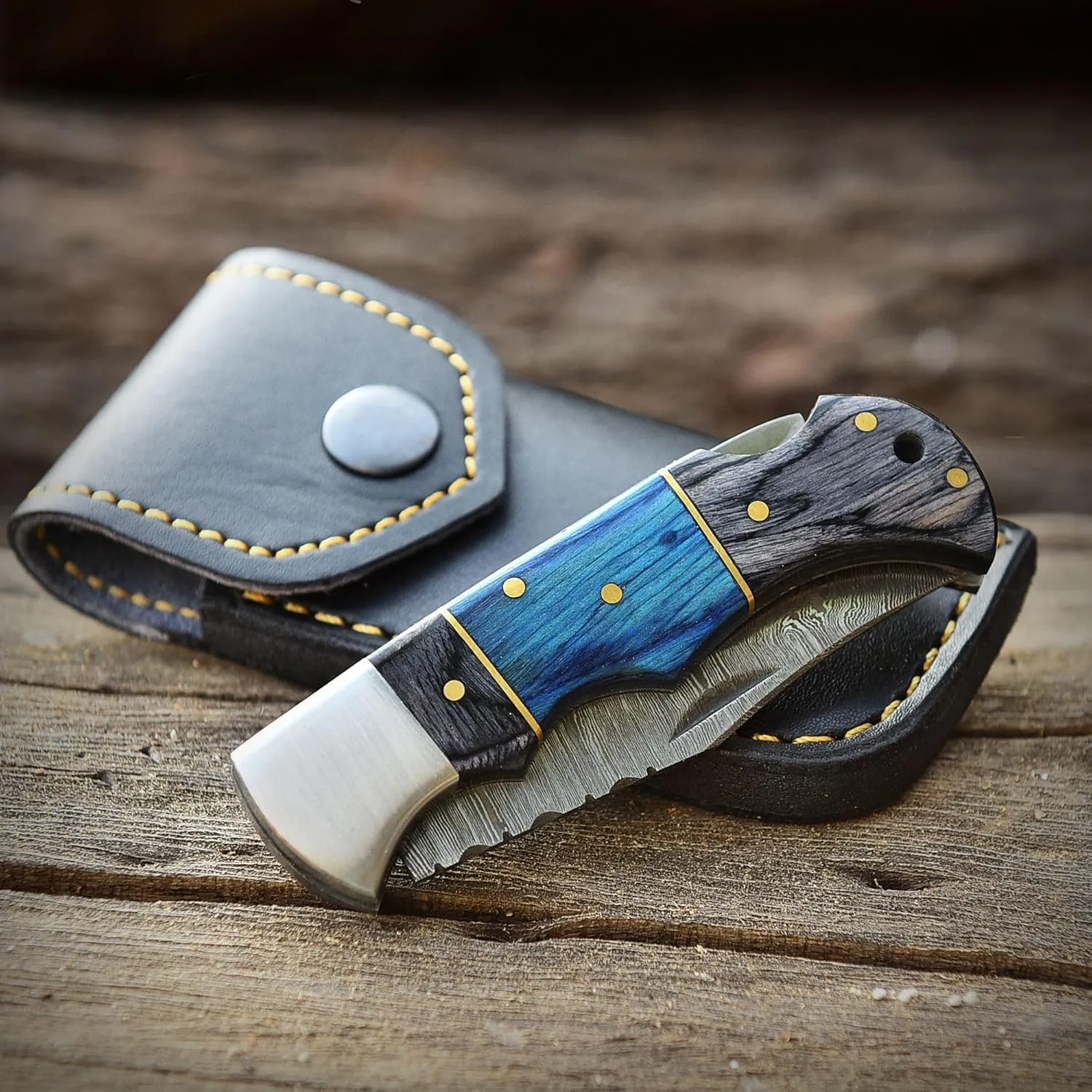 Poshland Steelware Custom Damascus Steel Folding Pocket Knife – Handmade, Compact for Outdoor, Camping, Hiking and Hunting (Blue Pakka Wood)