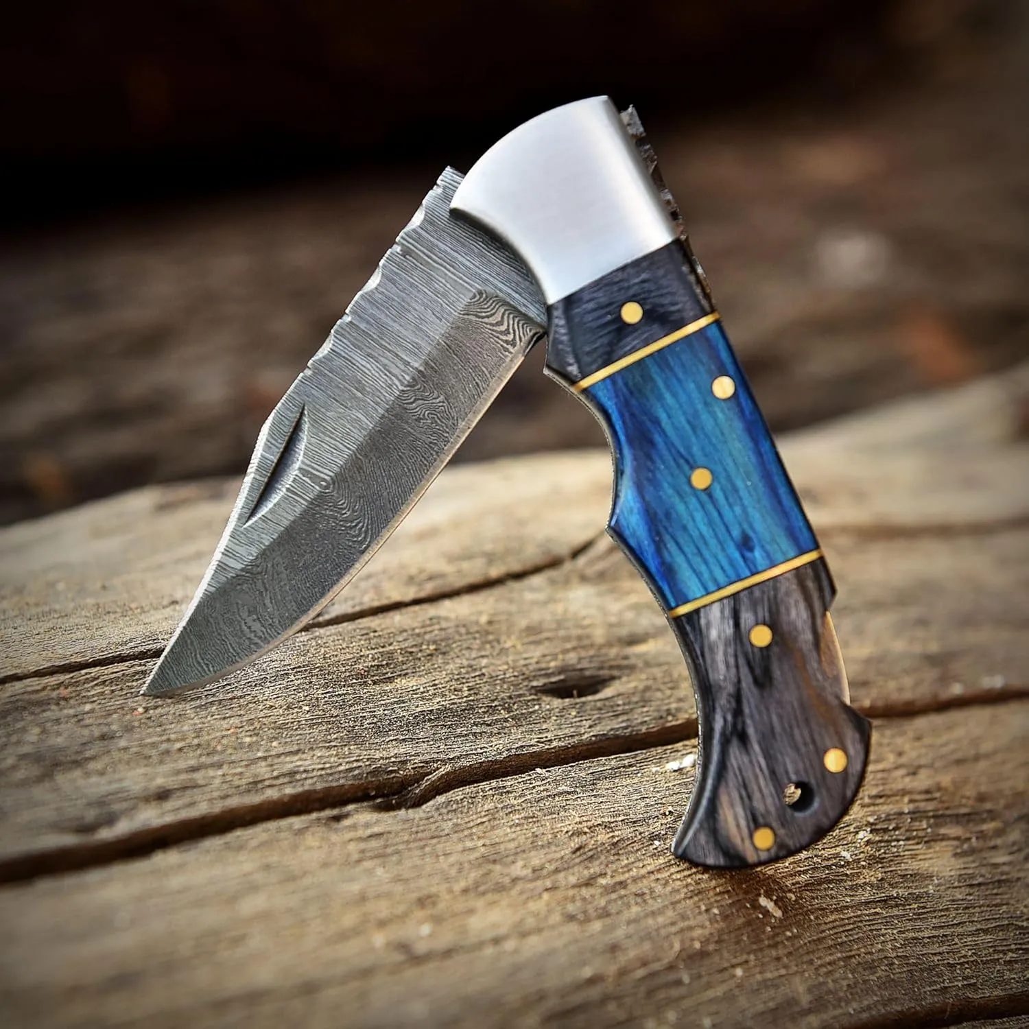 Poshland Steelware Custom Damascus Steel Folding Pocket Knife – Handmade, Compact for Outdoor, Camping, Hiking and Hunting (Blue Pakka Wood)