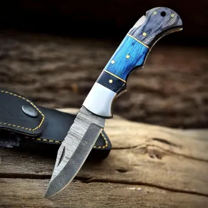 Poshland Steelware Custom Damascus Steel Folding Pocket Knife – Handmade, Compact for Outdoor, Camping, Hiking and Hunting (Blue Pakka Wood)