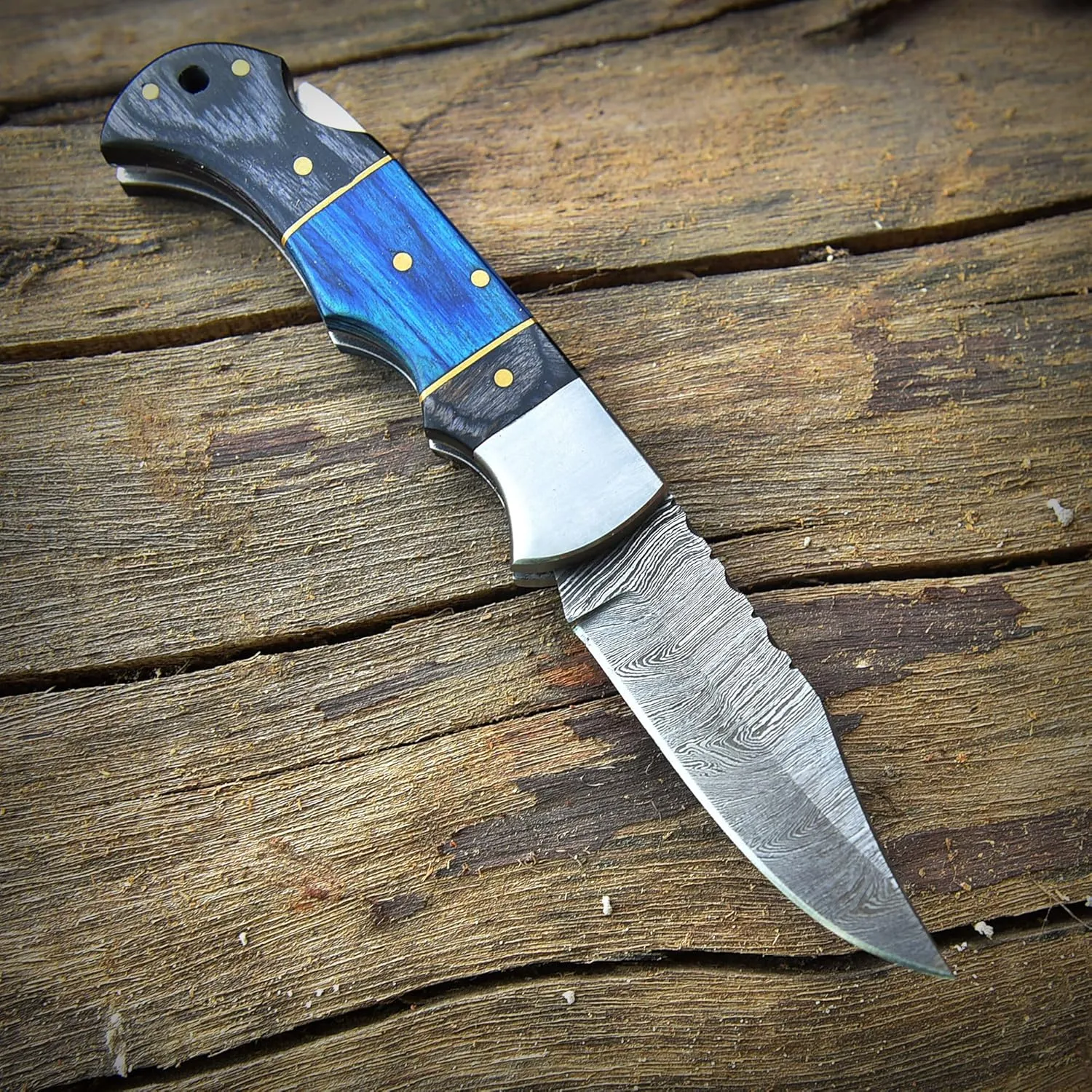 Poshland Steelware Custom Damascus Steel Folding Pocket Knife – Handmade, Compact for Outdoor, Camping, Hiking and Hunting (Blue Pakka Wood)