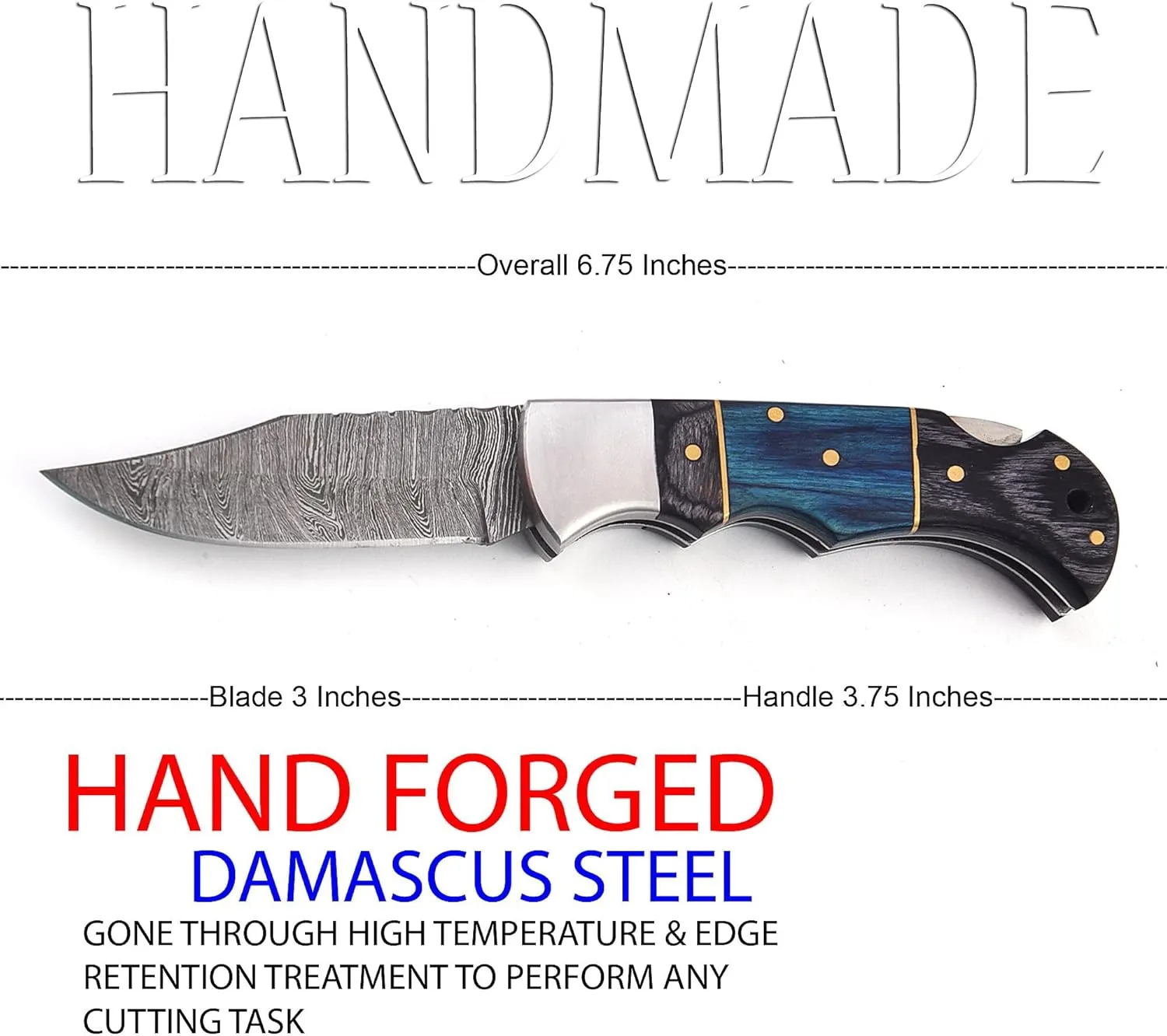 Poshland Steelware Custom Damascus Steel Folding Pocket Knife – Handmade, Compact for Outdoor, Camping, Hiking and Hunting (Blue Pakka Wood)
