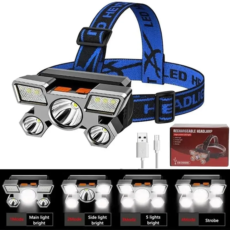 Powerful Rechargeable Head Flashlight for Fishing Headlamp Camping Headlights Hunting Torch Hiking Front Lanterns(Blue-XY501)
