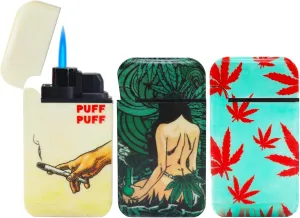 Prefilled 3 Pack Cool Torch Lighters - Refillable Butane Lighter, Windproof Jet Flame, Rubberized Matte Finish, No Flint for Men & Women Plus Free 18ML Refill, Nugs Not Dr*gs, 3-Count