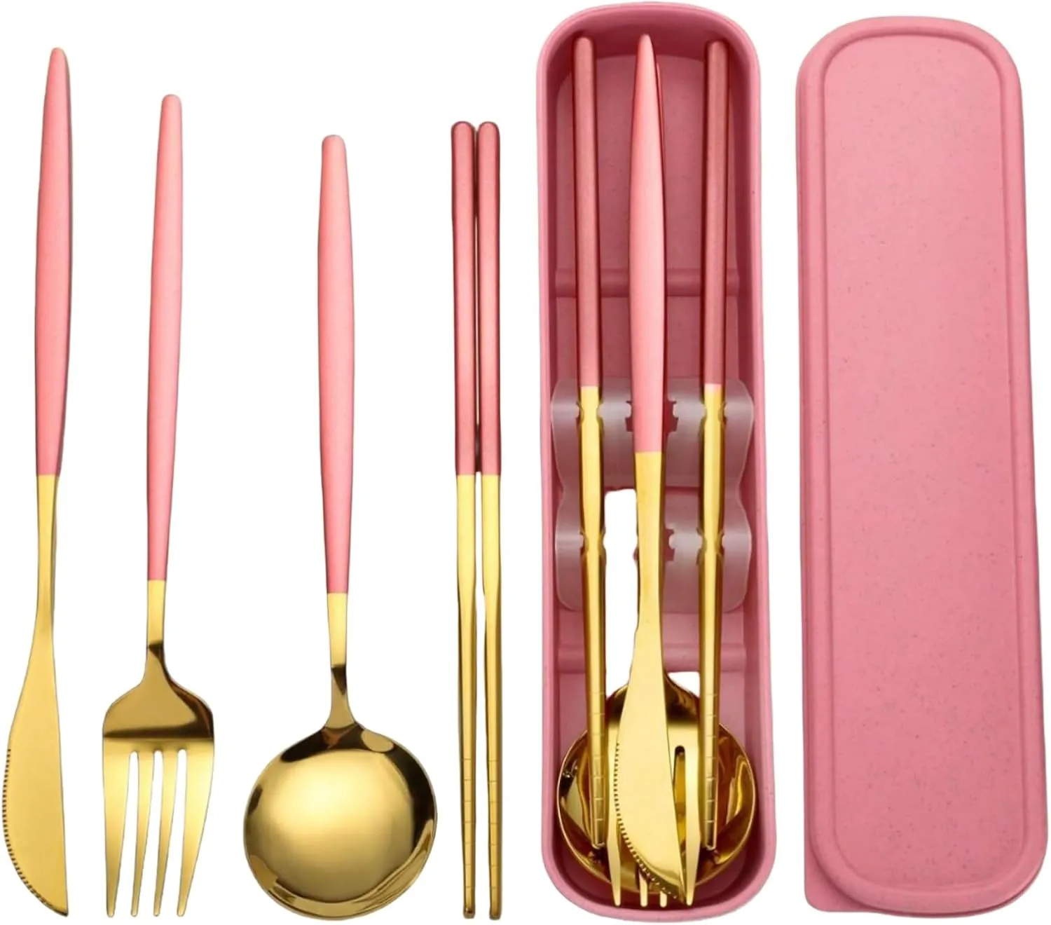 Premium Travel Flatware Set,4 Pieces Golden Stainless Steel Flatware with Pink Coated Handles and Eco-Friendly Storage Case,Reusable, Portable Camping and Office Essentials