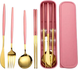 Premium Travel Flatware Set,4 Pieces Golden Stainless Steel Flatware with Pink Coated Handles and Eco-Friendly Storage Case,Reusable, Portable Camping and Office Essentials